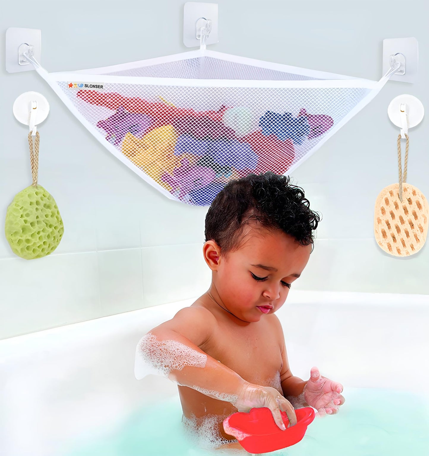 Bath Toy Holder Corner, Kids Bath Toy Net for Tub, Bathtub Holder Basket, Storage Bin Hammock Organizer, Shower Caddy Hanging Mesh Bag, Baby Bathroom Storage with 3 Suction Cups 3 Adhesive Wall Hooks