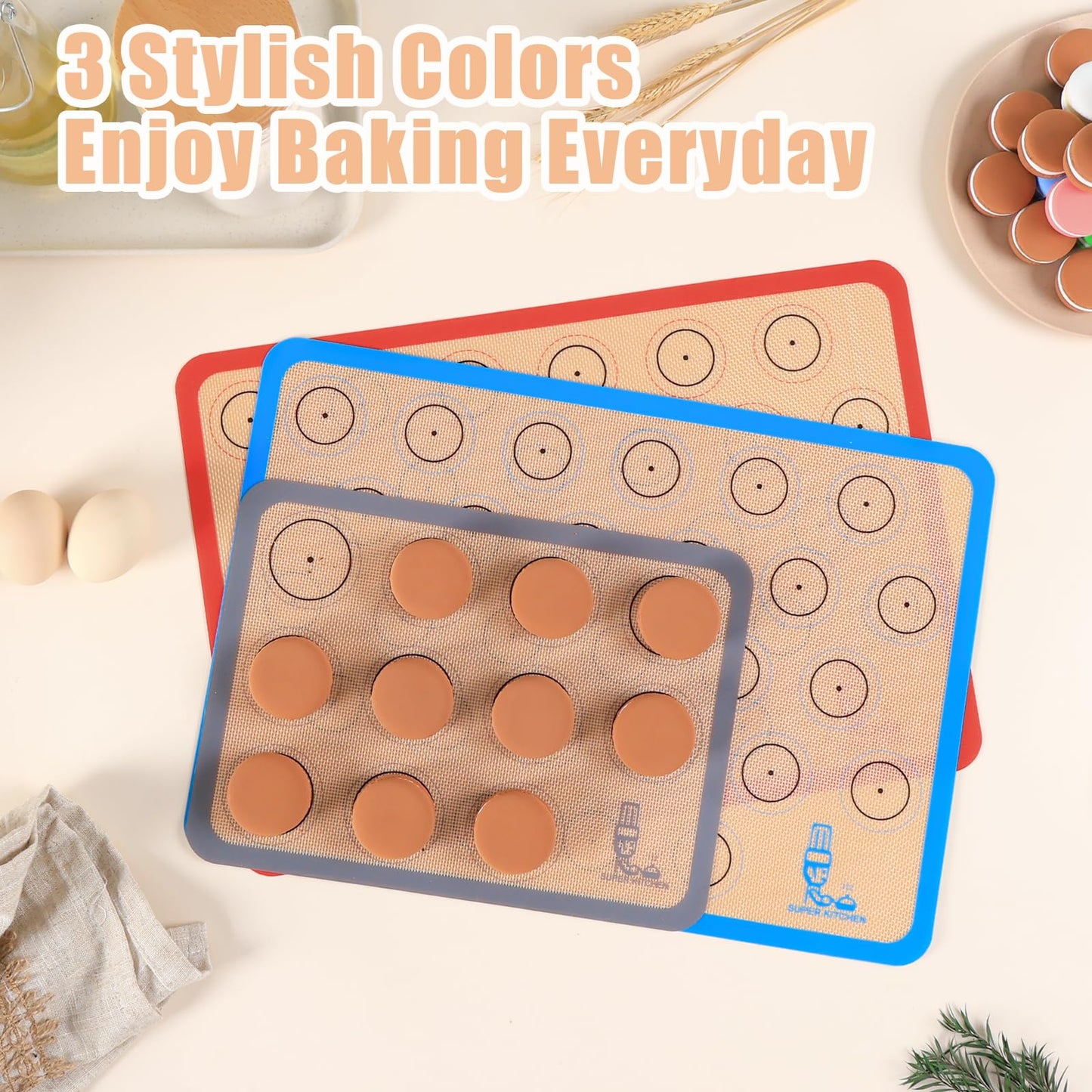 Silicone Baking Mat Macaron - Set of 3 (2 Half Sheet Liners and 1 Quarter Sheet), Non Stick Silicon Cookie Oven Liner For Macaroons, Bake Pans, Pizza, Toaster, Cake and Bread Making (Red,Blue,Gray)
