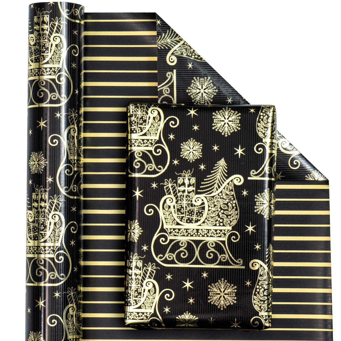 Reversible Black and Gold Christmas Wrapping Paper - Mini Roll - 17 Inch x 33 Feet - Black Gold Sleigh and Stripe Wrapping Paper with Metallic Foil Shine for Christmas, Holiday, Party