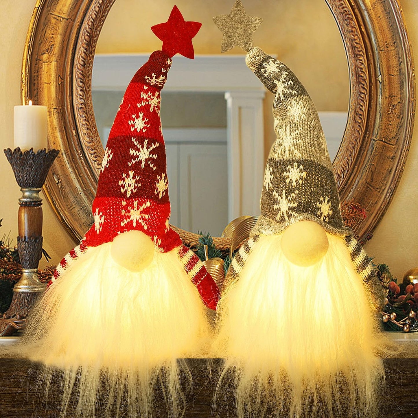 15" Lighted Christmas Gnome, Handmade Plush Scandinavian Swedish Tomte, Light Up Elf Toy Holiday Present, Battery Operated Winter Tabletop Christmas Decorations, 2 Set