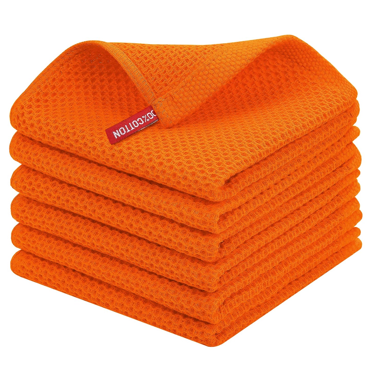 100% Cotton Waffle Weave Kitchen Dish Cloths, Ultra Soft Absorbent Quick Drying Dish Towels, 12 x 12 Inches, 6-Pack, Orange
