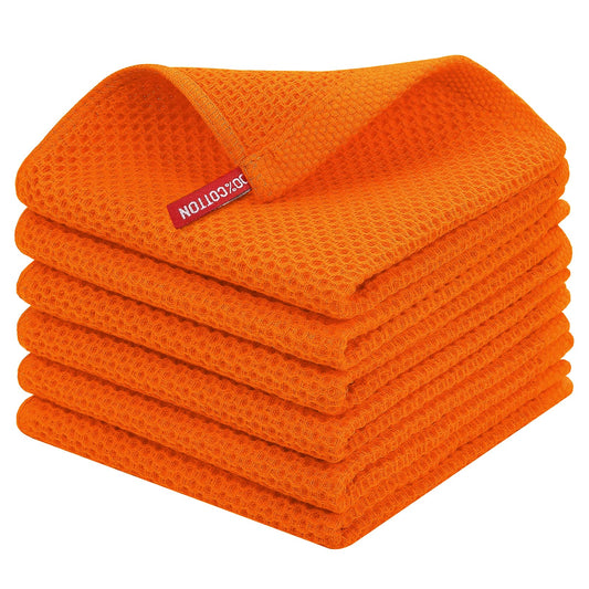 100% Cotton Waffle Weave Kitchen Dish Cloths, Ultra Soft Absorbent Quick Drying Dish Towels, 12 x 12 Inches, 6-Pack, Orange