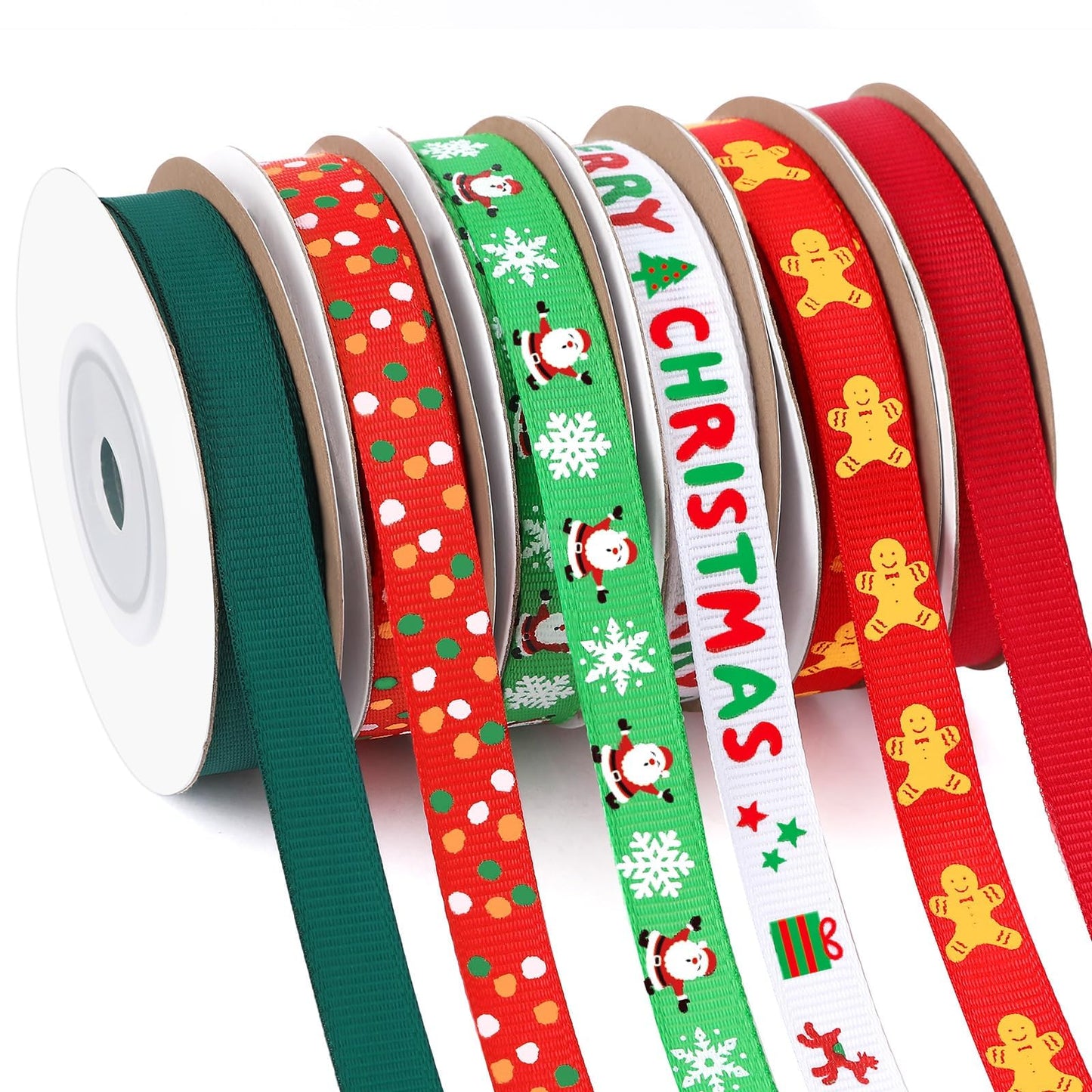 Christmas Ribbon, 6 Rolls 60 Yards Snowflakes Santa Claus Gingerbread Man Dots Ribbon for Christmas Crafts, 10mm Wide Grosgrain Ribbons for Gift Wrapping, Party, Home Decor