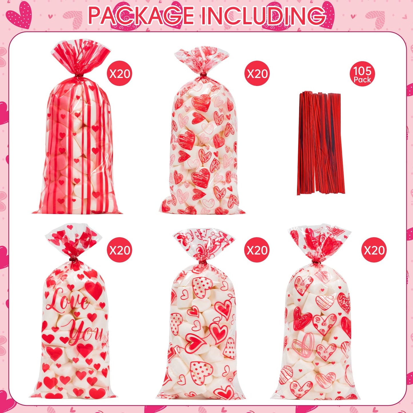 100 Pcs Valentine Treat Bags - Red Heart Cellophane Goodie Bags, Clear Plastic Happy Valentine's Day Cello Candy Gift Bag With Twist Ties for Wedding Anniversary Party Favors Supplies