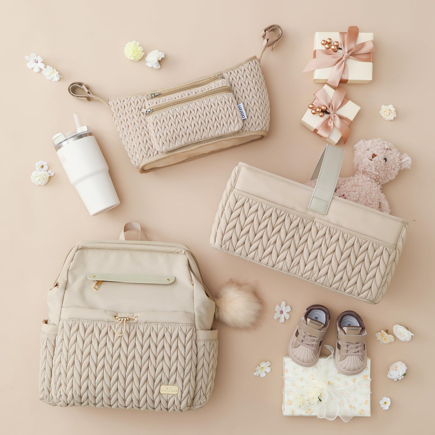 LUKJOJO Luxurious Baby Diaper Caddy, Nursery Storage Basket for Newborn Essentials, Travel Baby Basket for Diapers Baby Wipes, Organizer Tote Bag Storage Bin, Baby Shower Gifts(Beige)