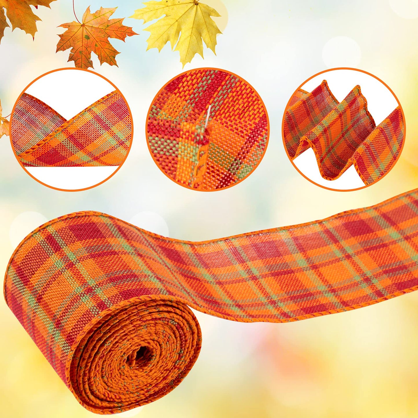 Whaline 6 Rolls Fall Thanksgiving Burlap Ribbon 30 Yard Orange Plaid Autumn Harvest Ribbon Pumpkin Fall Leaves Wired Edge Wrapping Ribbons for Wreath Floral Bows Craft Decor, 2.5In