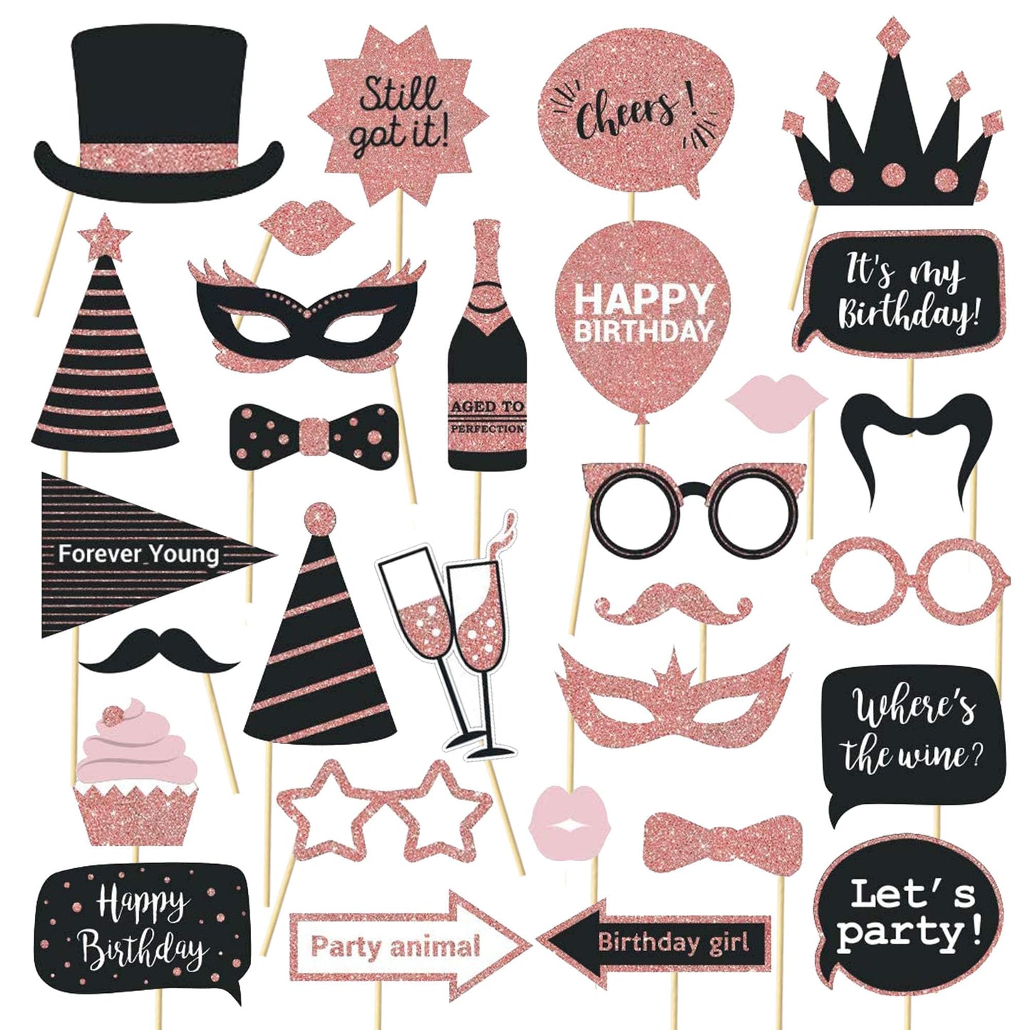 Party Birthday Photo Booth Props, 30Pcs Set of Happy Birthday Selfie Party Supplies with Real Glitter Cute Bday Designs for Women or Girls,Easy to Assemble(Rose Gold)