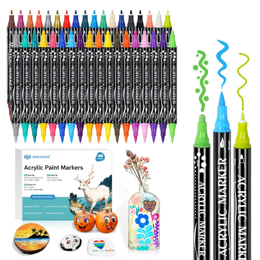 Dual Tip Acrylic Markers Paint Pens 36 Colors Coloring Markers Art Supplies for Adults Teens Kids, Acrylic Paint Painting Set for Rock, Stone, Wood, Glass, Canvas, Fabric, Ceramic, DIY Craft Ornaments