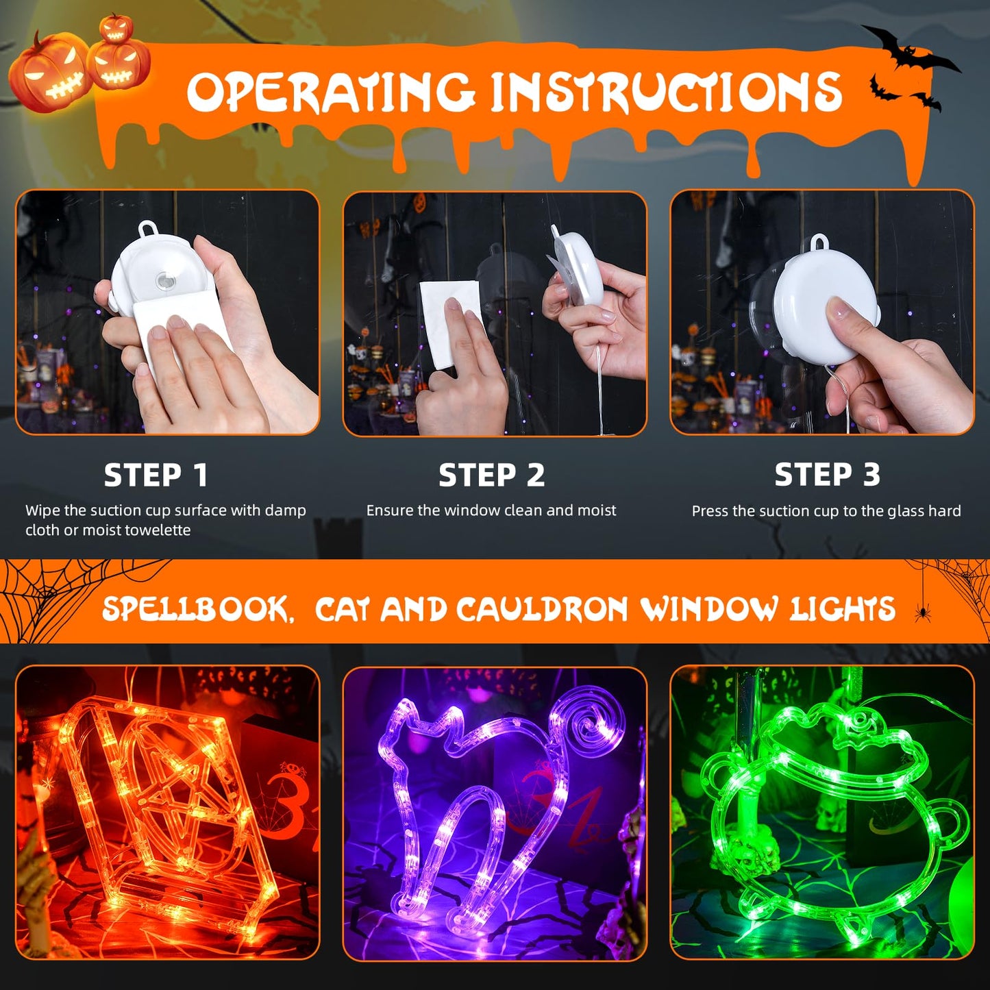 LOLStar Halloween Lights, 3 Packs Spellbook, Cat and Cauldron Halloween Lights with Suction Cup, Upgrade Timer and Slowly Fade Mode Battery Operated Indoor Lights for Halloween Window Decoration