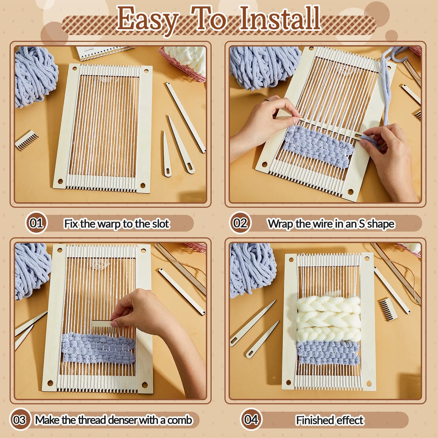7 Pcs Weaving Loom Kit Small Weaving Loom for Beginners Wooden DIY with Wooden Stick, Comb, Crochet Needle for Adults Beginners Lovers