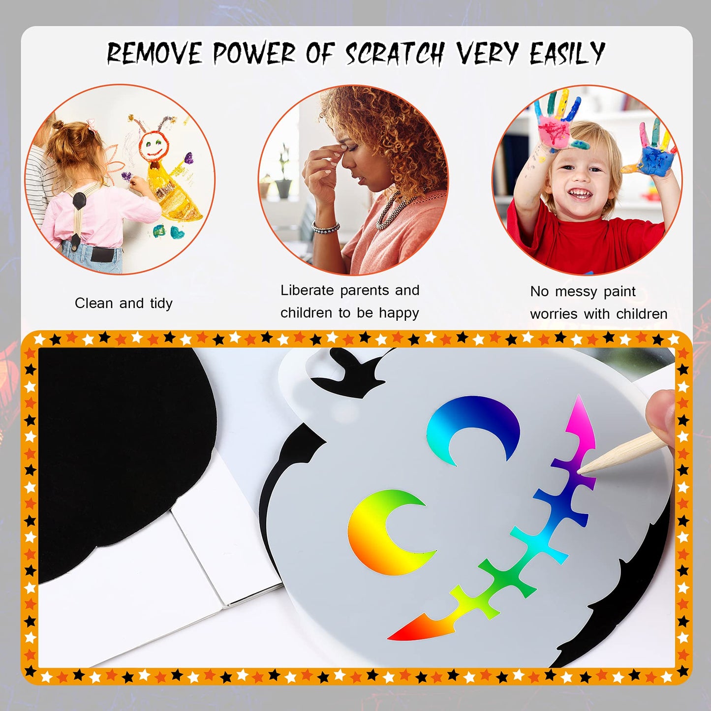 48 Pieces Halloween Scratch Paper Crafts Kit Bulk of Halloween Pumpkins Magic Rainbow Scratch Art for Kids DIY Party Ornaments Halloween Decor with 6 Pcs Halloween Pumpkins Stencils