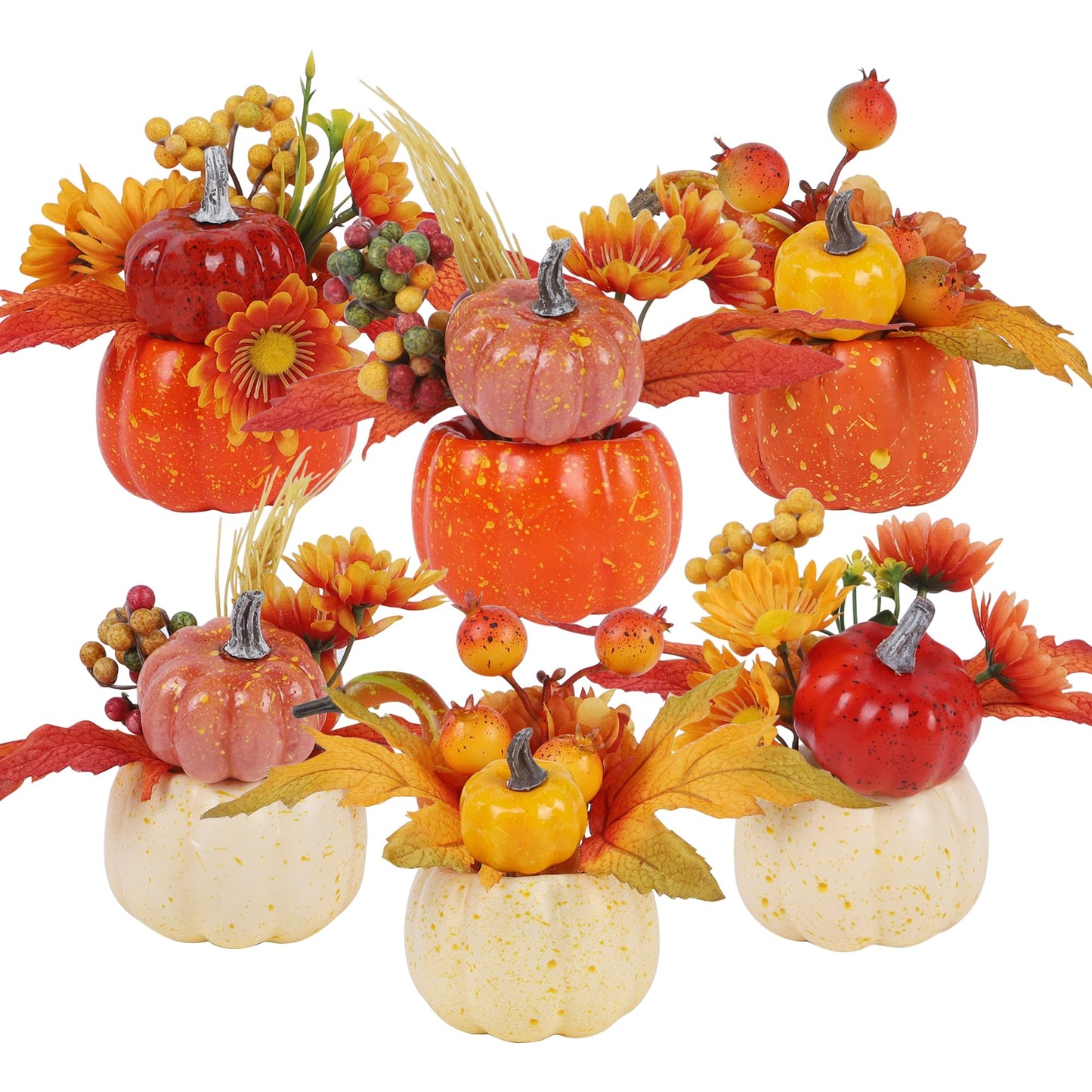 Fall Decorations for Home - Set of 6 Artificial Pumpkins with Maple & Flowers, Thanksgiving Table Decor, Pumpkin Vases Centerpiece for Kitchen Office Indoor