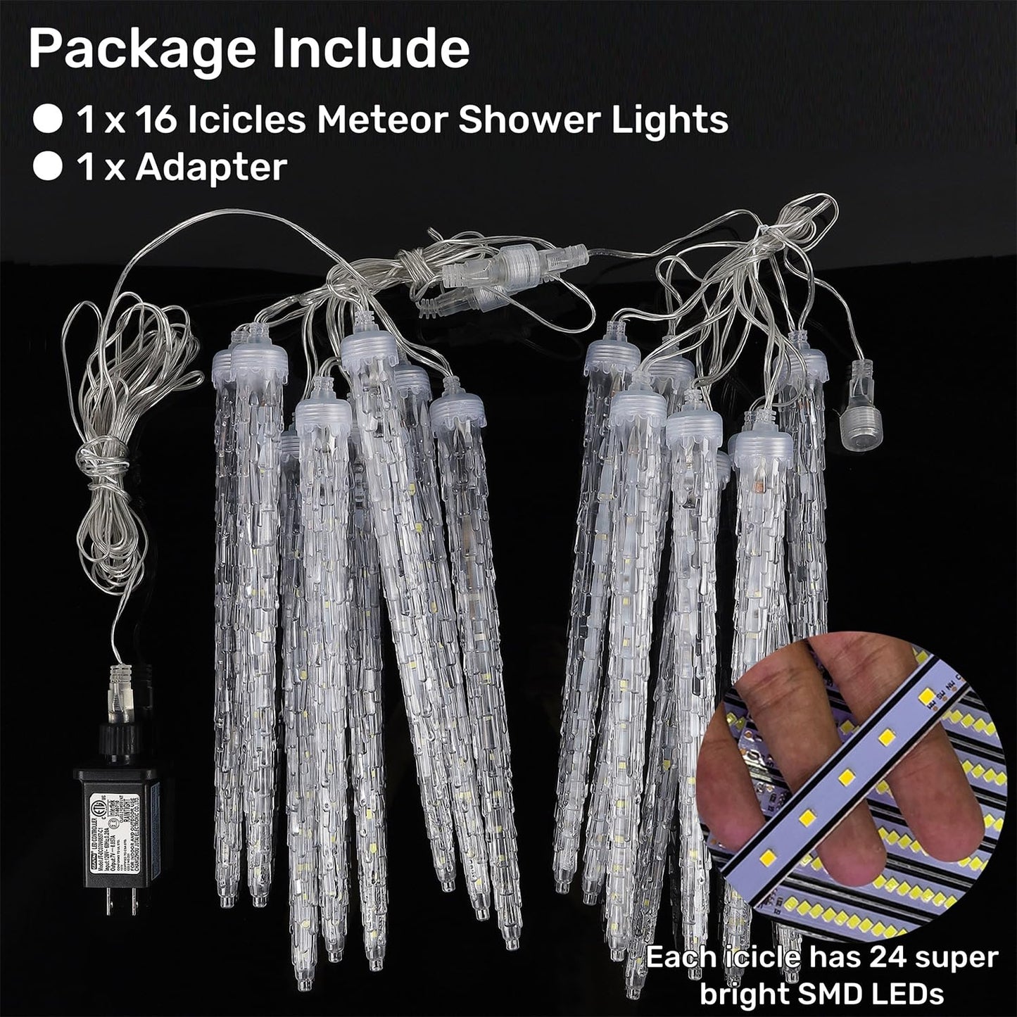16 Icicles Meteor Shower Lights, 12" Outdoor Icicle Christmas Lights 384 SMD LED Crystal Ice Falling Light, Connectable Raindrop Iciclelight, Xmas Winter Party Tree Holiday Decor, White