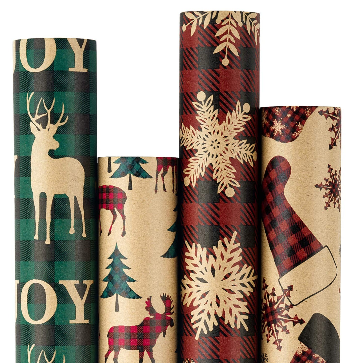Christmas Wrapping Paper, Kraft Paper - Red and Green Plaids Style Designs - 4 Rolls - 30 inches x 10 feet per Roll