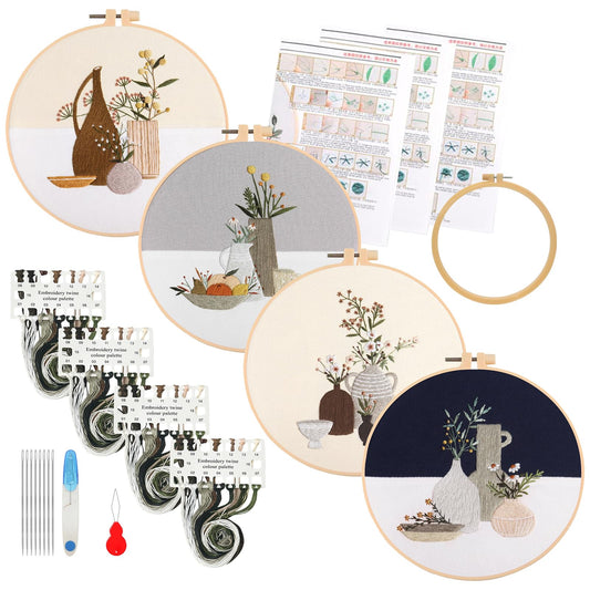 Maydear 4 Sets Embroidery Kit,Embroidery Kit for Beginners Adults, Punch Needle Kit Cross Stitch Kits with Embroidery Hoop and Instructions,Hand Embroidery Starter Kit (vase)