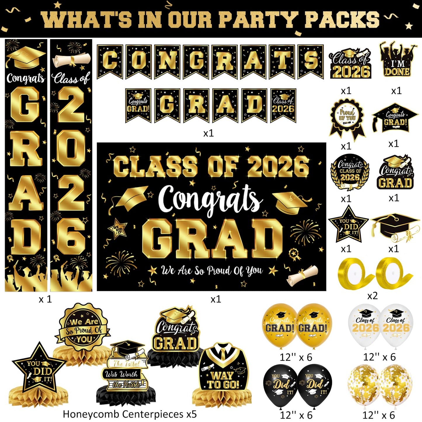 2026 Graduation Decorations - Black and Gold Graduation Decorations Set Congrats Grad Banner & Backdrop, Porch Sign, Hanging Swirls, Balloons, Honeycomb Centerpieces for Congrats Grad Party Decorations