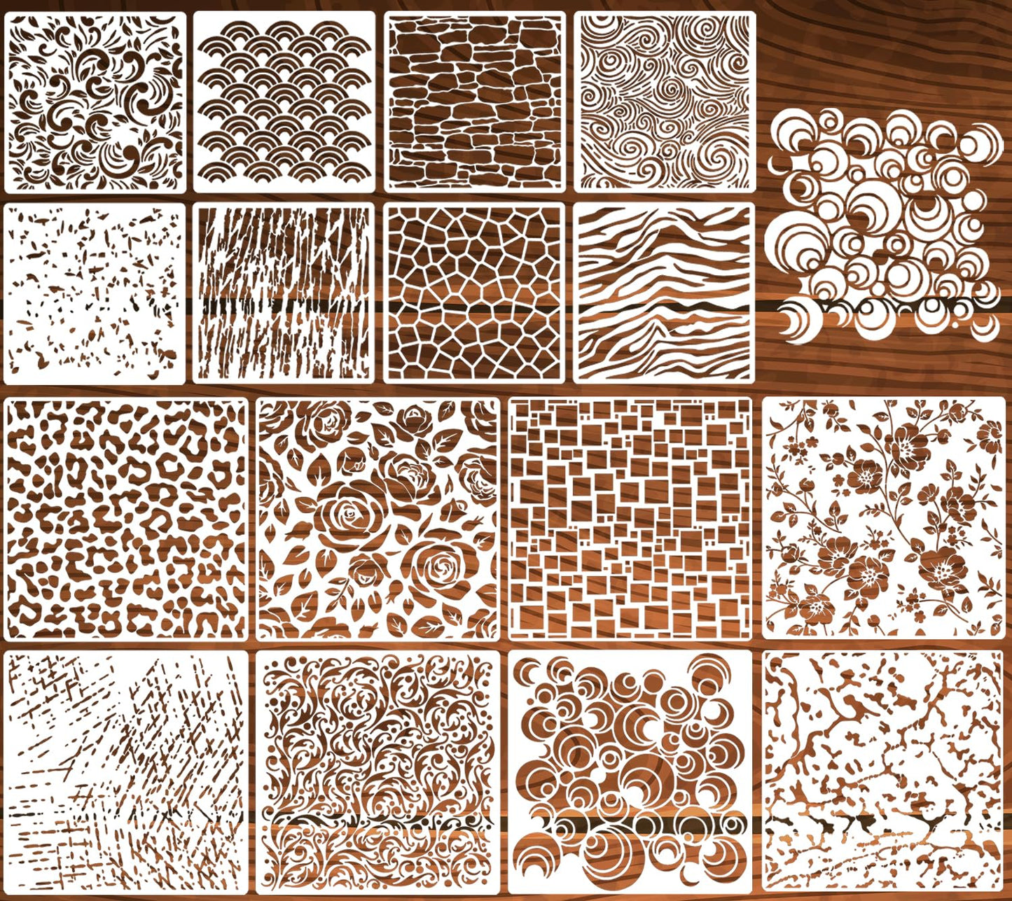 Stencils for Crafts Reusable Texture Stencils for Painting Floral/Leopard/Brick Stencil Mixed Medium Drawing Templates for Wood Furniture Wall Fabric Canvas Paper DIY Decor（16p/6+12in）