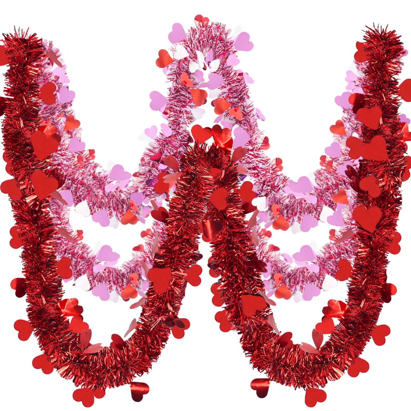 66 Feet Valentine Tinsel Garland Decoration 2 Pack Hanging Metallic Red Pink Heart Garland for Mantle Wedding Festival Valentine's Day Indoor Outdoor Decor