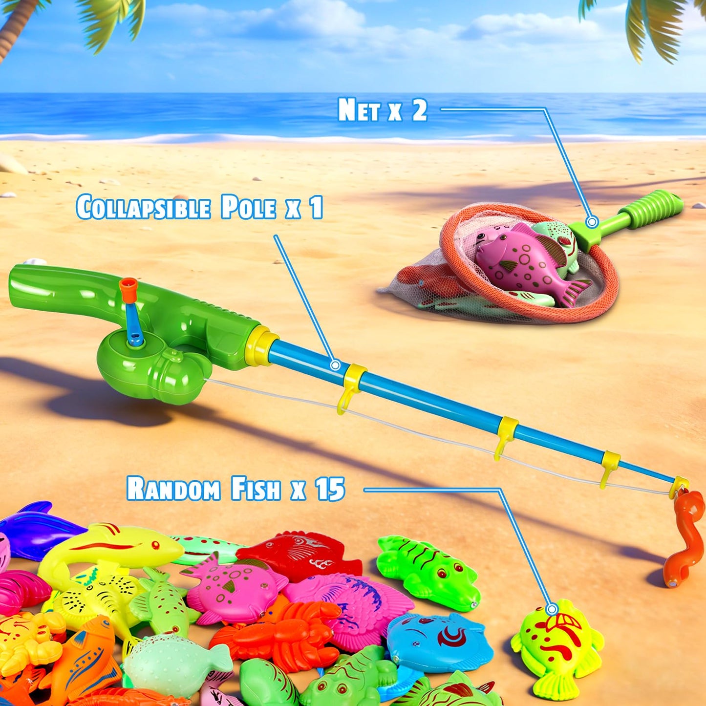 CozyBomB™ Magnetic Fishing Toys Game Set for Kids | Water Table Bathtub Kiddie Pool Party Pole Rod Net, Outdoor Plastic Floating Fish, Toddler Bath Color Ocean Sea Animals Birthday Gift Age 3-5 6 4-8