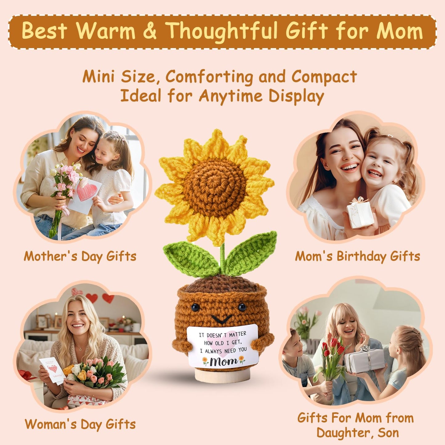 OEAGO Gifts for Mom Mothers Day: from Daughter Son Kids Mini Gifts for Mom Mama Handmade Crochet Cute Small Sunflowe Doll Gift Christmas Birthday Present Idea for Mother Knitted Decor 6.69 x 2.75inch