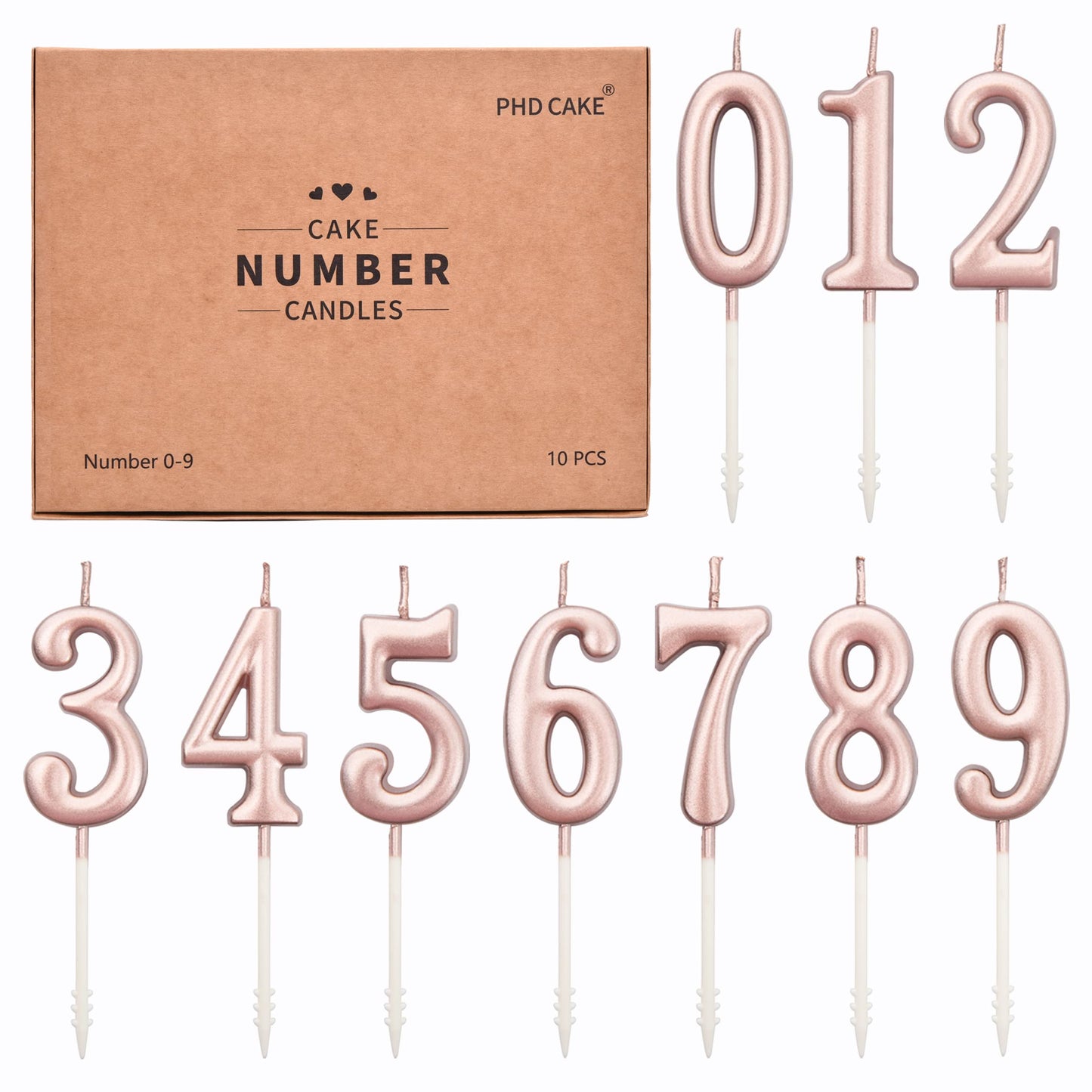 PHD CAKE 10-Pieces Rose Gold Numeral Birthday Candles, Cake Numeral Candles Number 0-9 Glitter Cake Topper Decoration for Birthday,Wedding Anniversary,Party Celebration