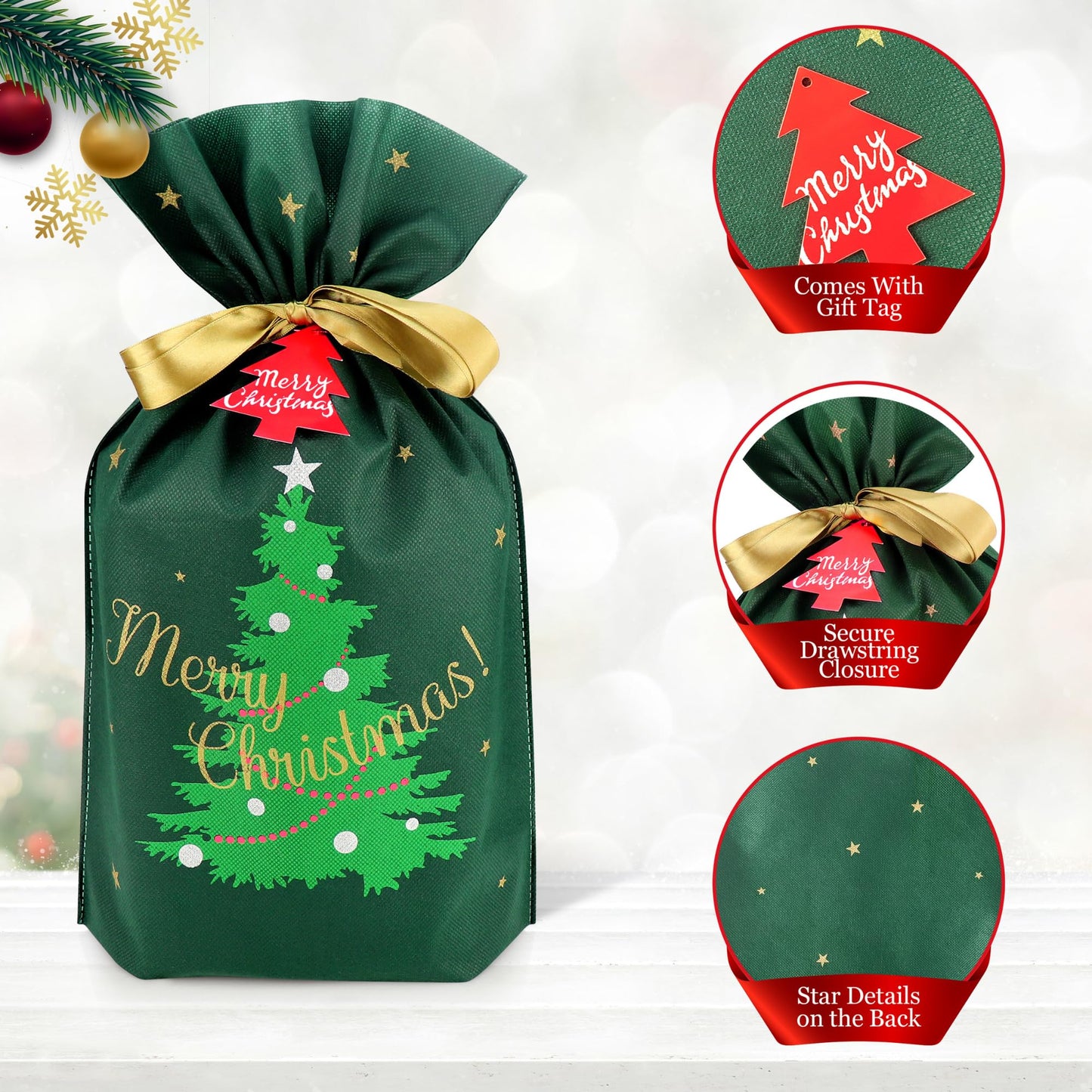 Fabric Gift Bags for Presents - 6 Pcs Large Reusable Christmas Bags with Drawstring (Green Xmas Tree Assorted)