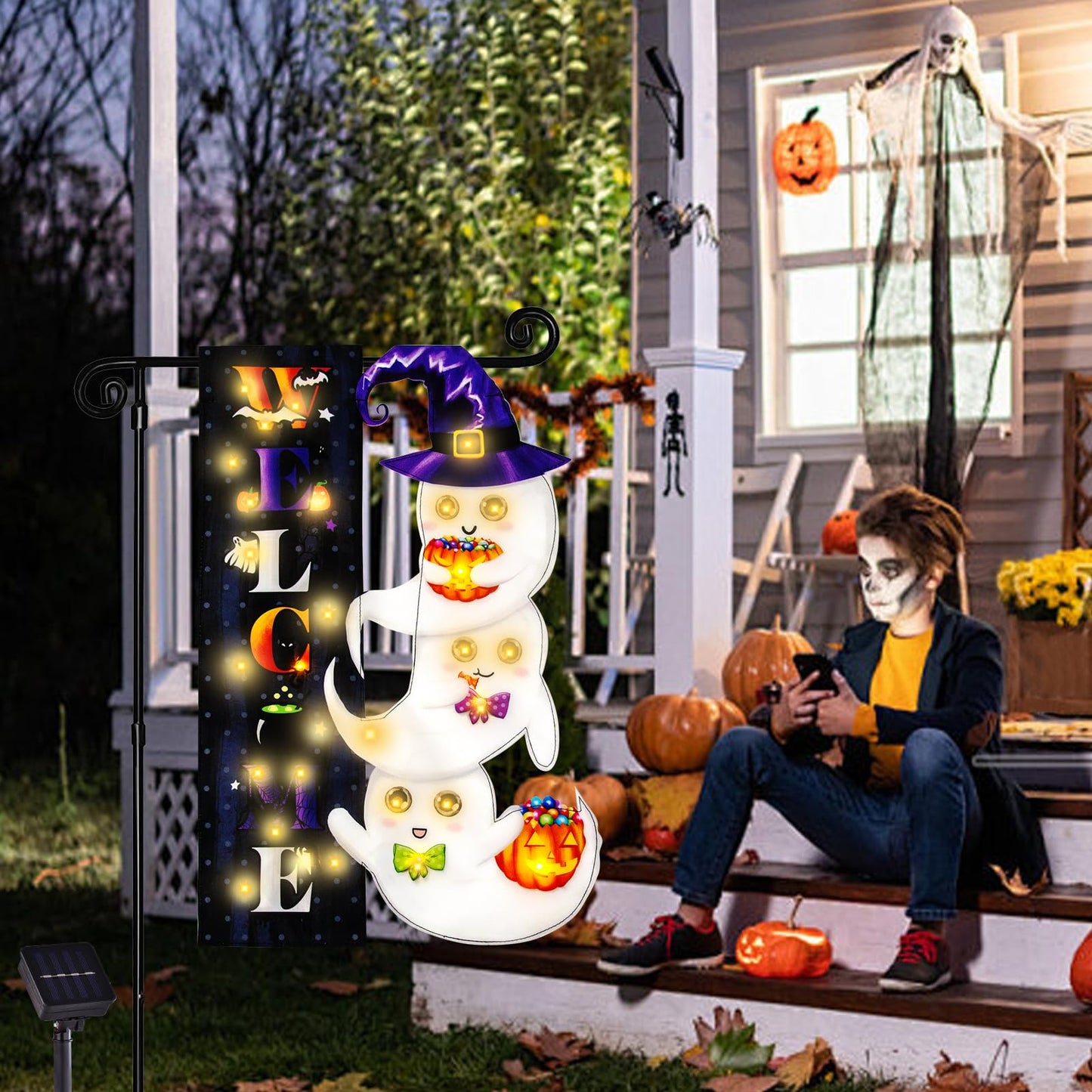 Halloween Lighted Garden Flag, Solar Yard Flag for Outside, 8 Modes Double Sided Welcome Halloween Ghost Outdoor Decorations for Home Porch (Ghost-12x18)