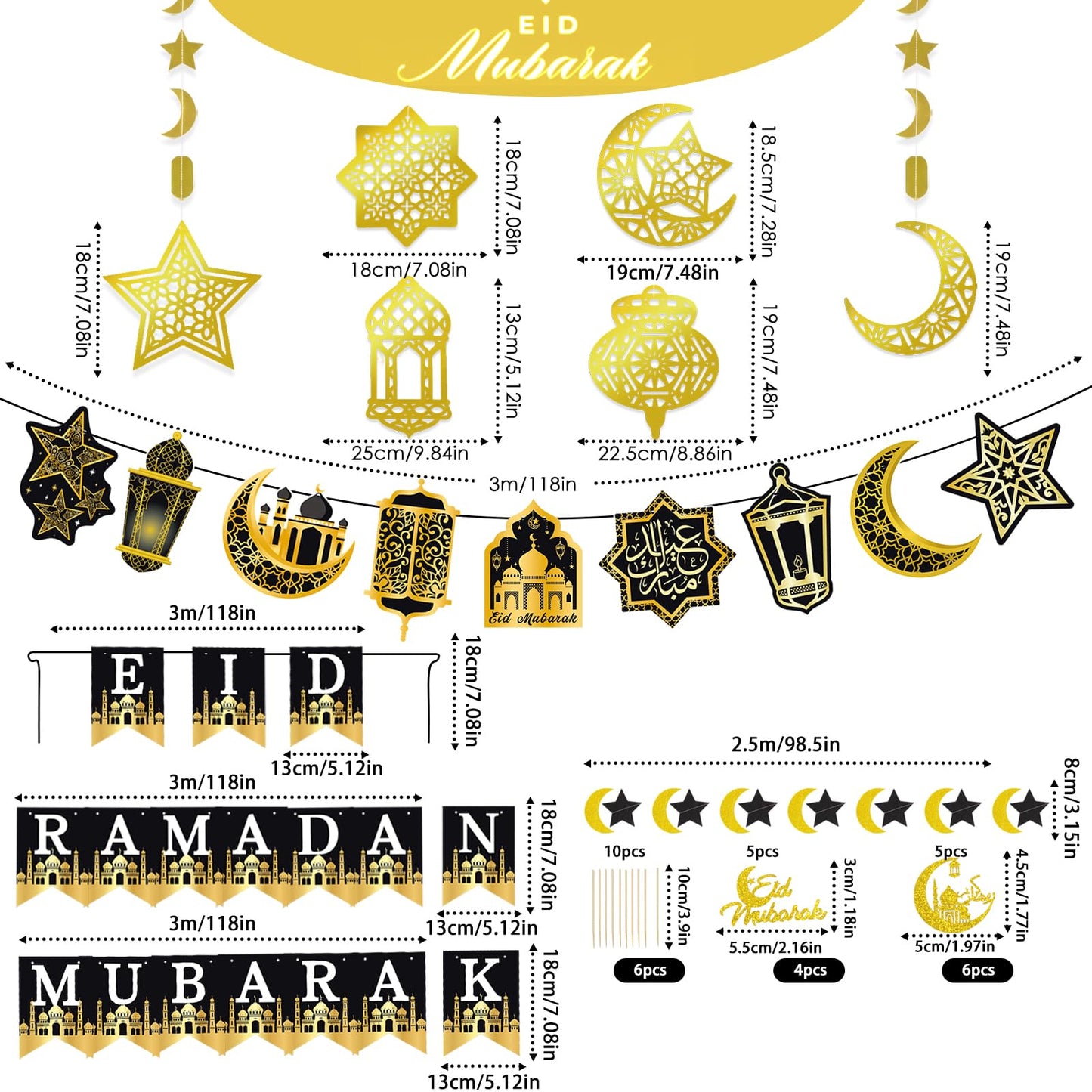 AhfuLife Ramadan Mubarak Decorations, Eid Decorations for Home - Preassembled Ramadan Eid Mubarak Banners, 16 Pcs Eid Balloons, 6 Pcs Islamic Star Moon Lantern Garland Streamer, 10 Pcs Cupcake Toppers