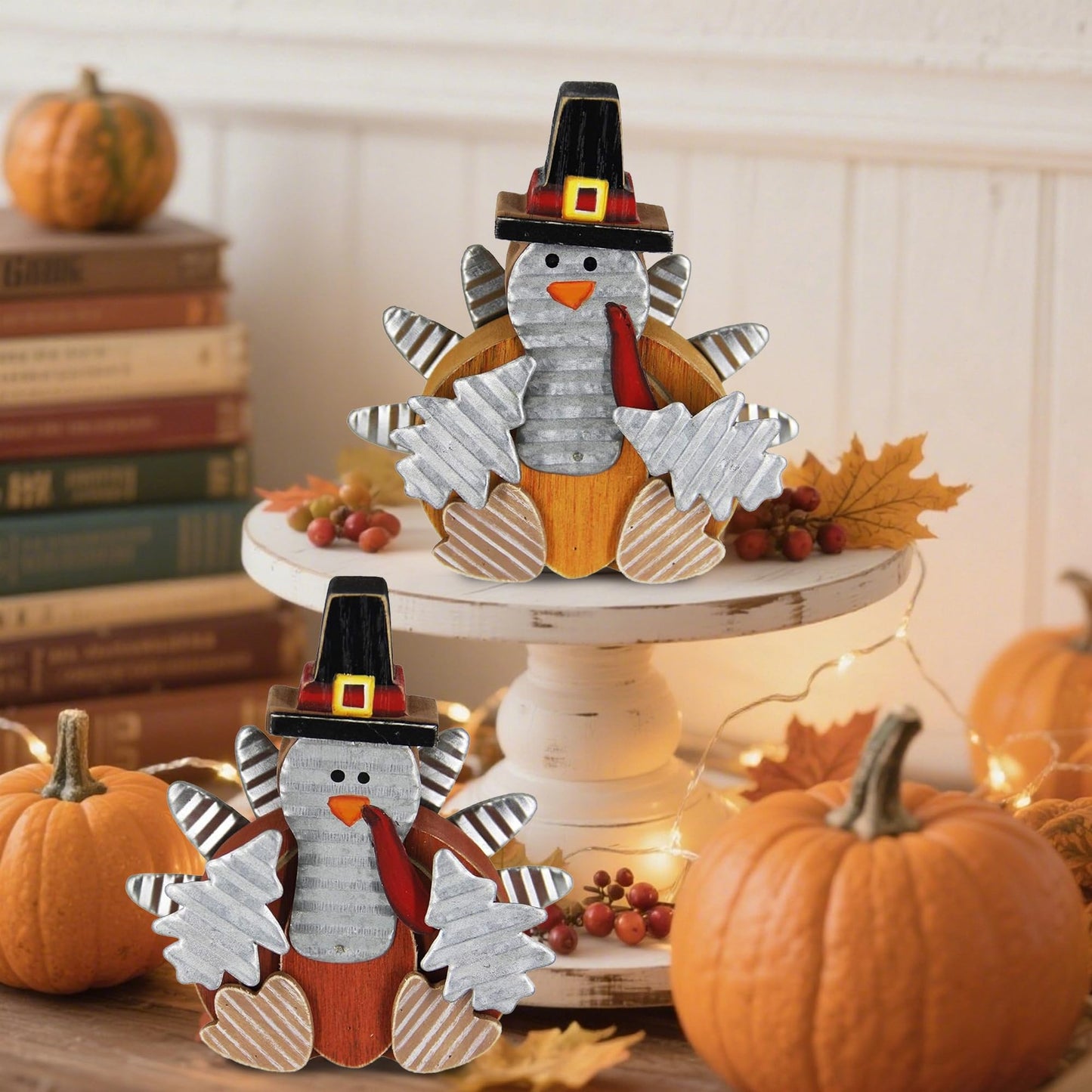 2 Pack Thanksgiving Turkey Decorations, Wooden Turkey Figurines Table Decor for Office Bedroom Kitchen, Indoor Harvest Fall Decorations for Home