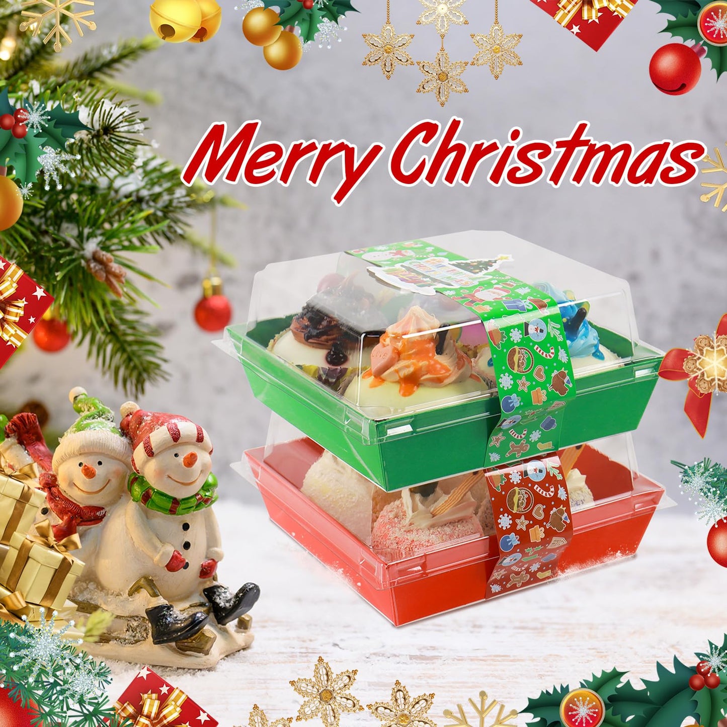 100 Pcs Christmas Charcuterie Boxes with Clear Secure Lids and 100 PCS Stickers, Disposable Christmas Paper Bakery Box Red Green Square Dessert Containers for Party Cookie Cake Sandwich