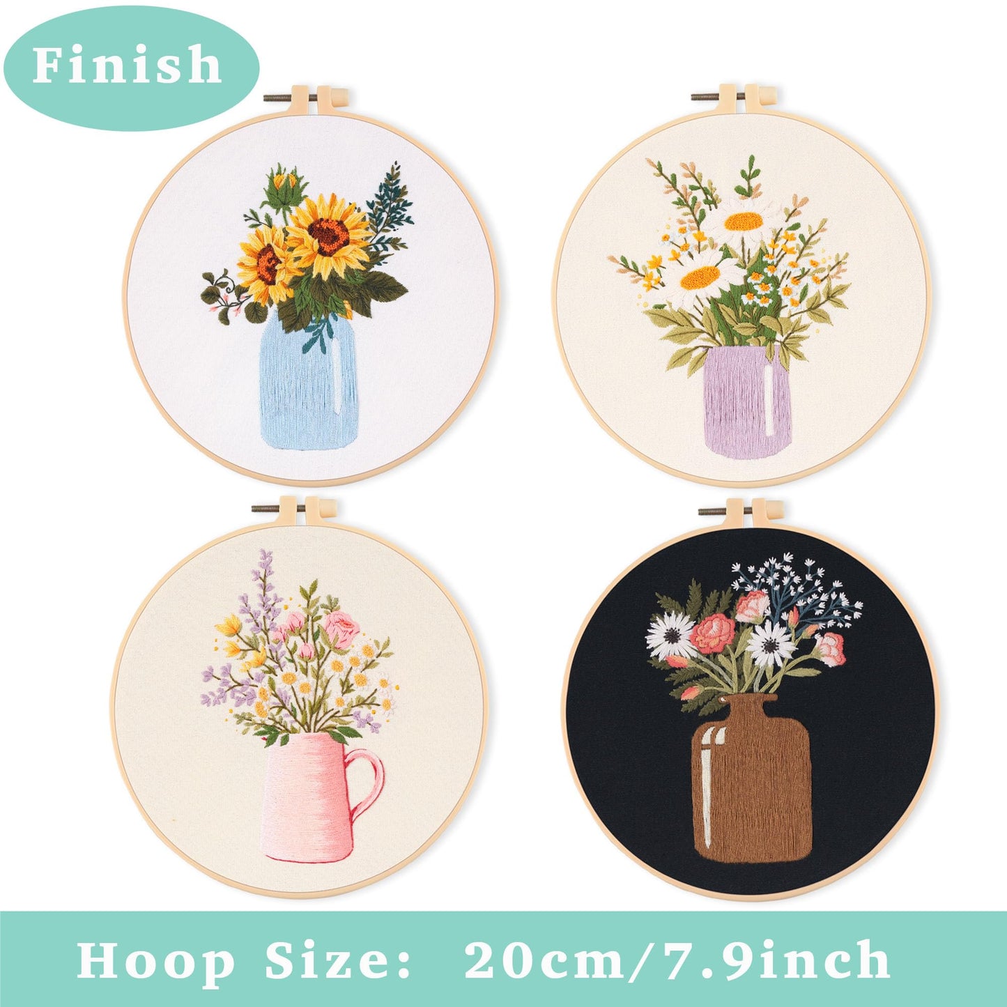 4 pcs of Embroidery Starter kit with Patterns and Instructions, DIY Adult Beginner Cross Stitch Kits, Including 2 Plastic Embroidery Rings, 1 Pair of Scissors, Colored Threads and Needles