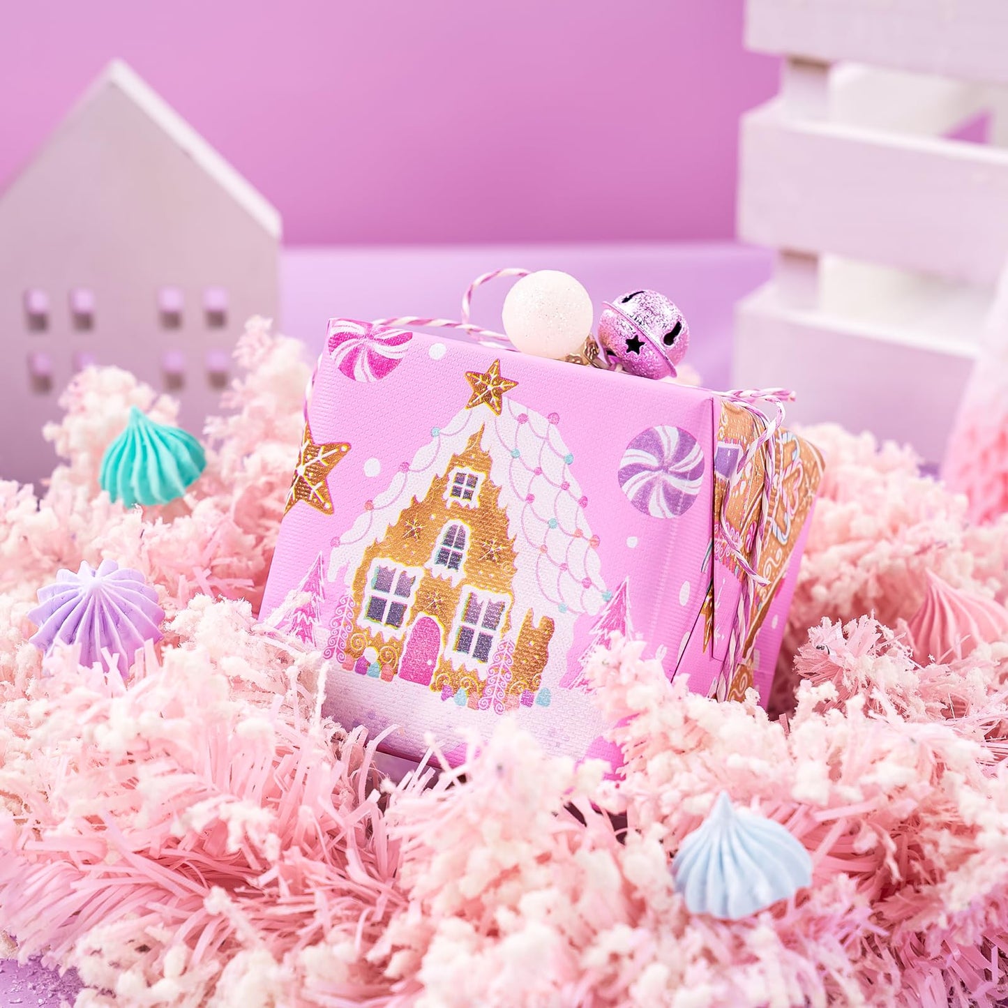 Reversible Gingerbread Christmas Wrapping Paper - Mini Roll - 17 Inch x 33 Feet - Pink Gingerbread House and Snowflake with Embossed for Christmas, Holiday, Party Celebration