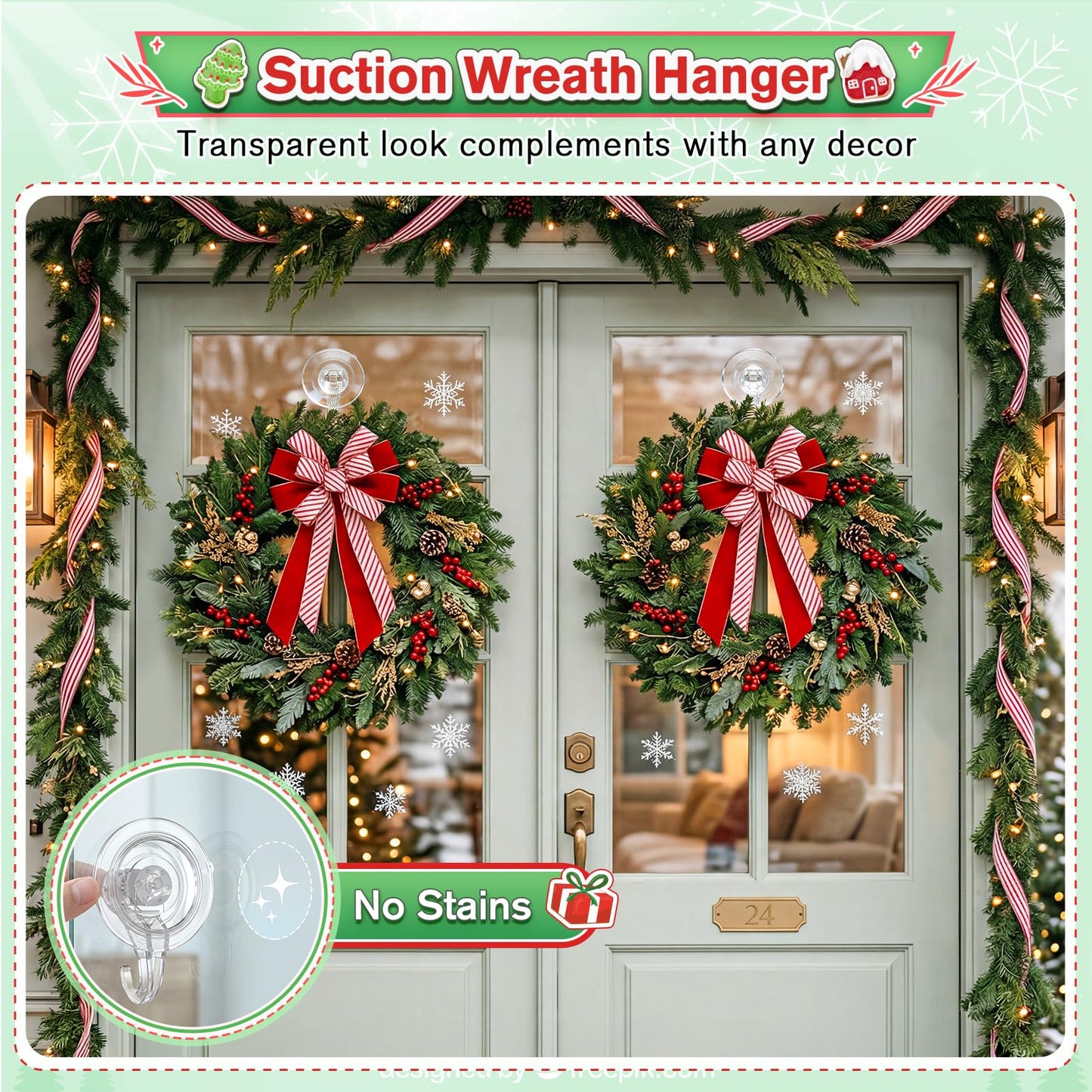 VIS'V Wreath Hanger, Large Suction Cup Wreath Hooks, Heavy Duty, 22 LB Capacity, Removable and Reusable, Clear, 4 Pcs
