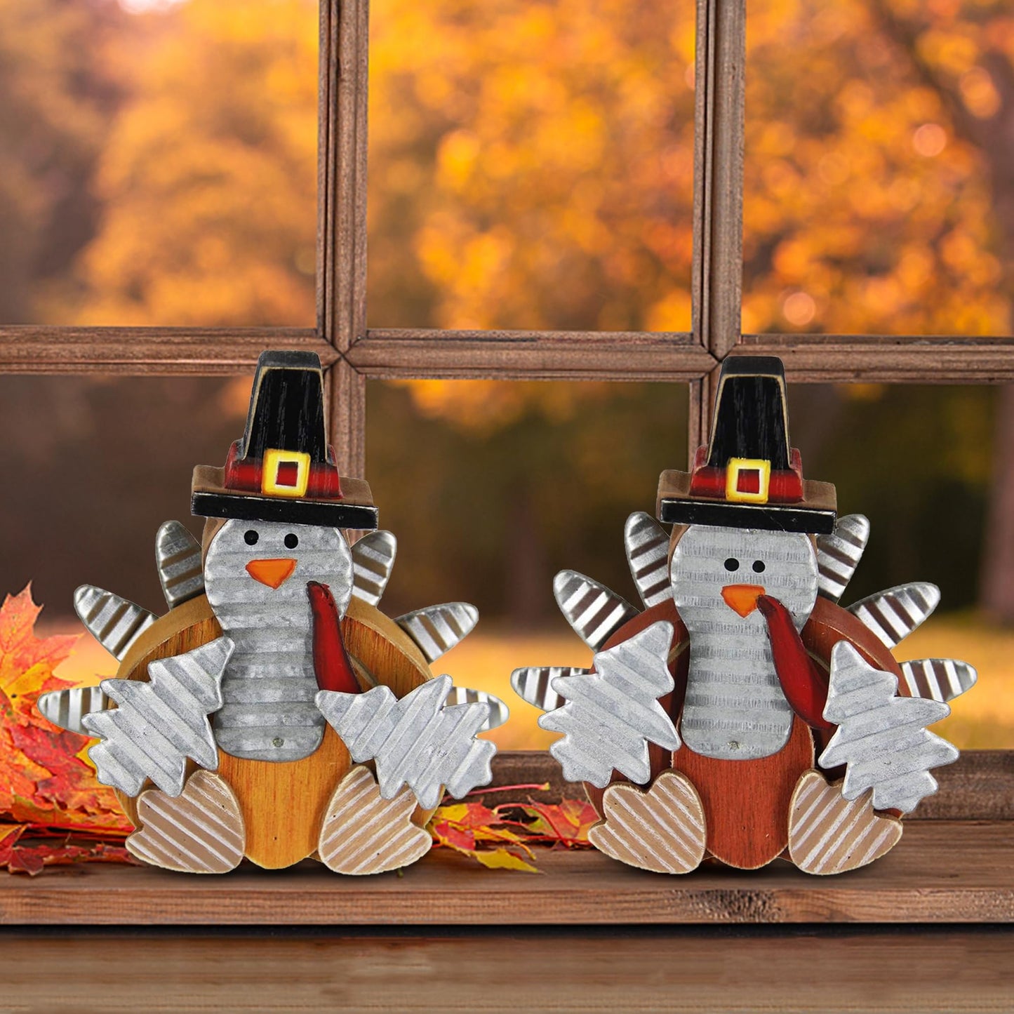 2 Pack Thanksgiving Turkey Decorations, Wooden Turkey Figurines Table Decor for Office Bedroom Kitchen, Indoor Harvest Fall Decorations for Home