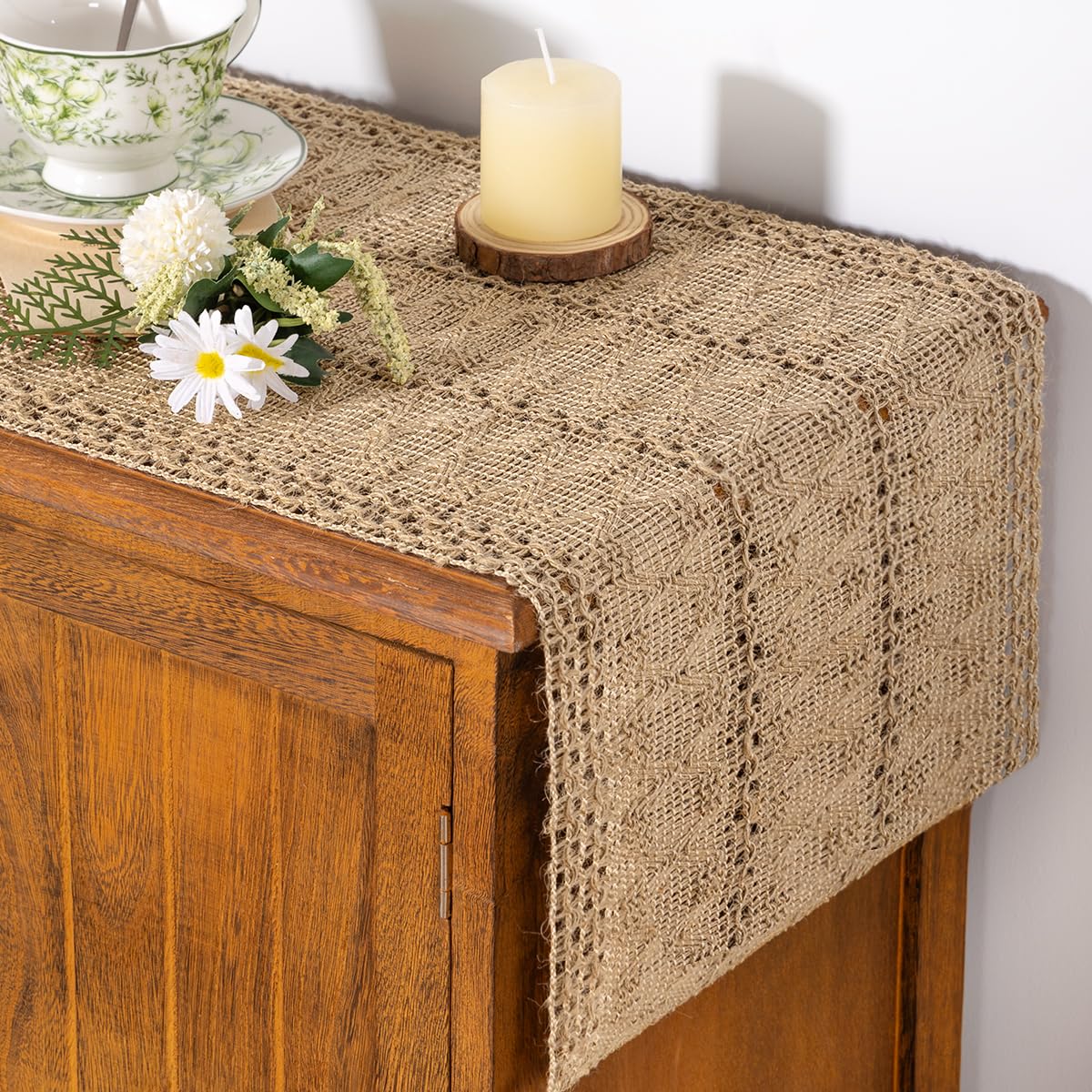 Boho Table Runner Fall Thanksgiving Farmhouse Burlap Jute Bamboo Rustic Dining Kitchen Centerpiece Decor Small Macrame Woven Coffee Table Runner for Dresser Scarf Home Decor 12x36 inch