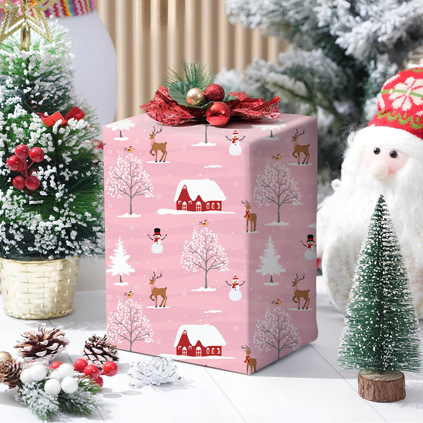 Cuitpan Pink Christmas Wrapping Paper - Xmas Gift Wrap with Snowy Houses, Reindeer, Snowmen & Trees Design - Perfect for Kids & Adults Gift Wrapping - 40×28 Inches, 4 Folded Sheets