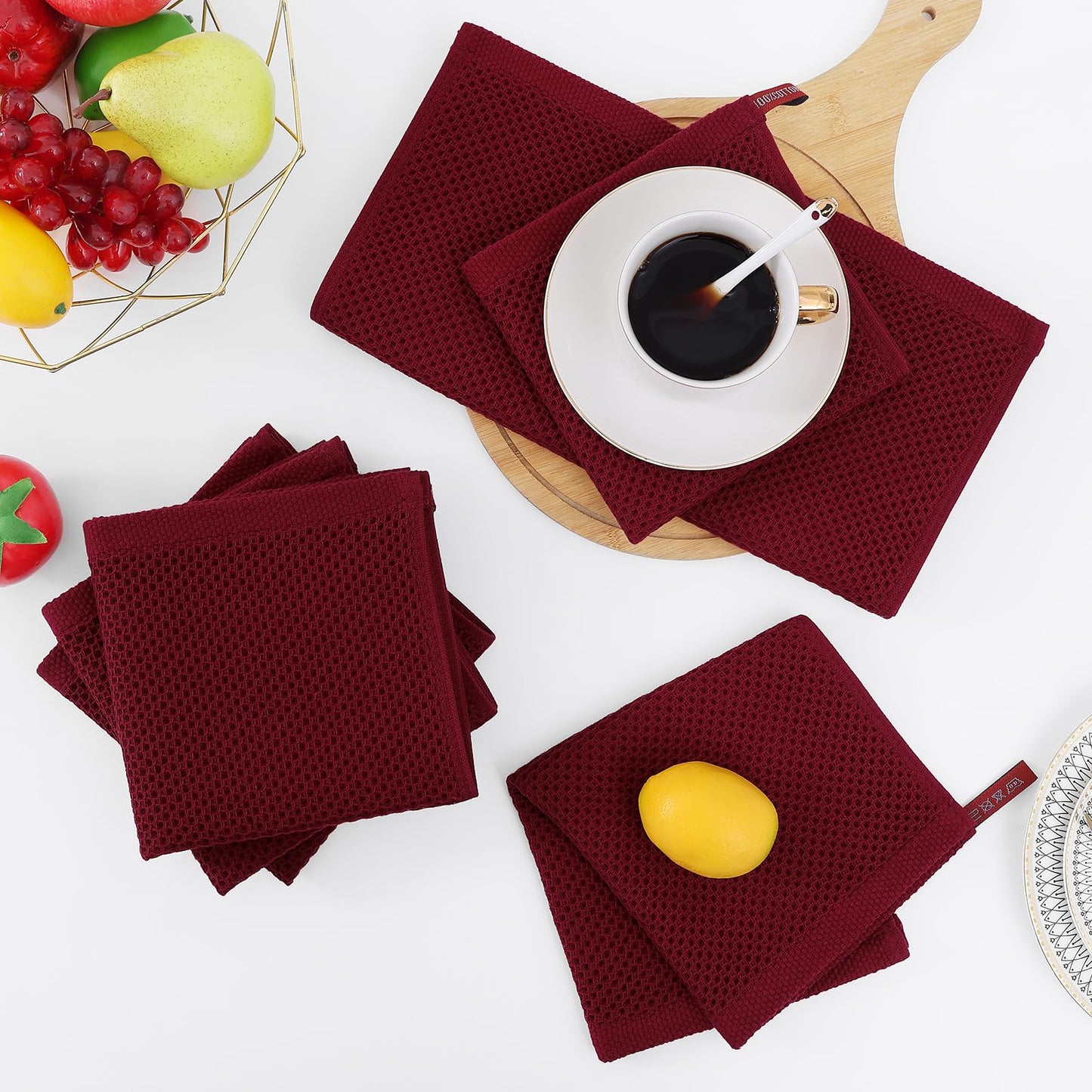100% Cotton Waffle Weave Kitchen Dish Cloths, Ultra Soft Absorbent Quick Drying Dish Towels, 12 x 12 Inches, 6-Pack, Burgundy
