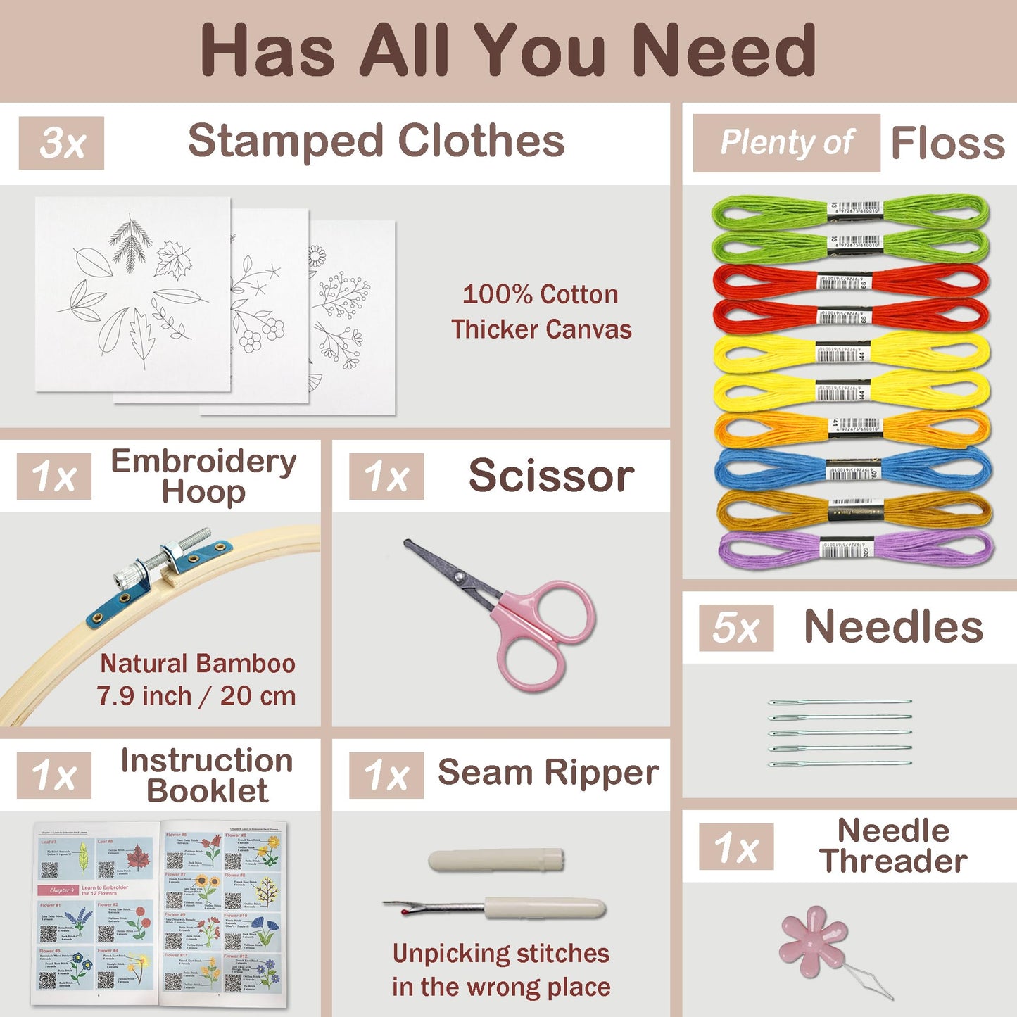 Bradove 3 Sets Leaves and Flowers Embroidery Kit with Embroidery Patterns, Adult Beginner Learn to Embroider Kit, Stitches Kit