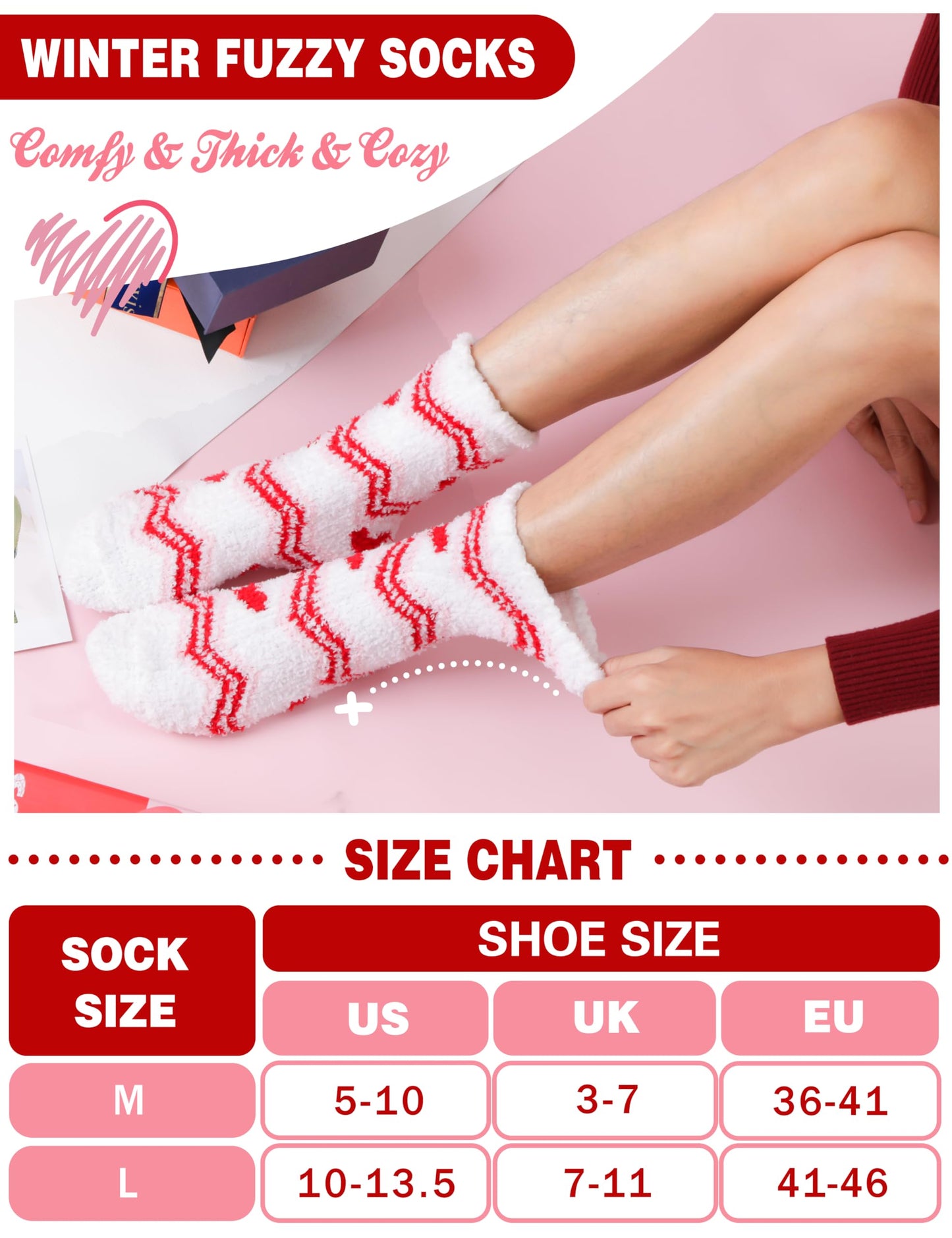 Fuzzy Socks for Women Galentines Day Gifts Fluffy Warm Cozy Winter Slipper Thick Crew Fleece Comfy Sleep Plush Heart Socks 5 Pairs Stocking Stuffers (Red/White Love,M)