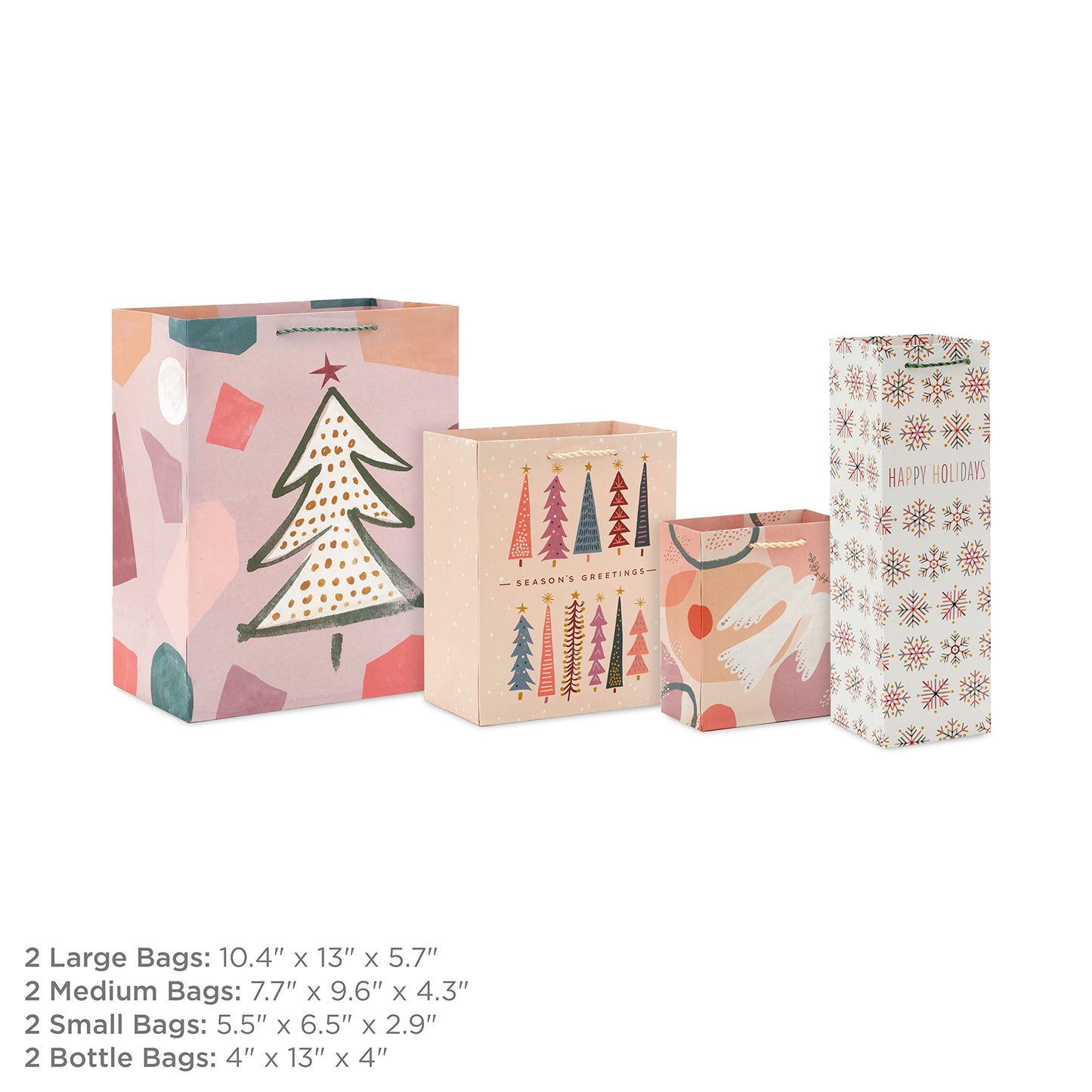 Boho Christmas Gift Bag Assortment (8 Bags: 2 Small 6", 2 Medium 9", 2 Large 13", 2 Bottle Bags) in Pastel Pink, Purple, Hunter Green, White Dove, Snowflakes, Trees