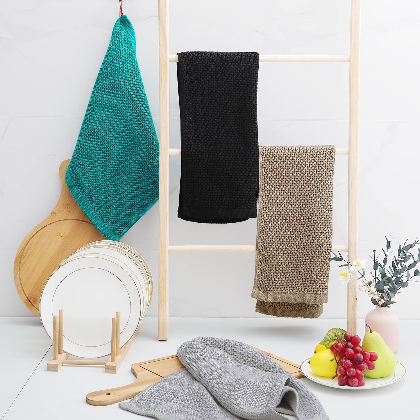 100% Cotton Waffle Weave Kitchen Dish Towels, Ultra Soft Absorbent Quick Drying Cleaning Towel, 13 x 28 Inches, 4-Pack, Tan