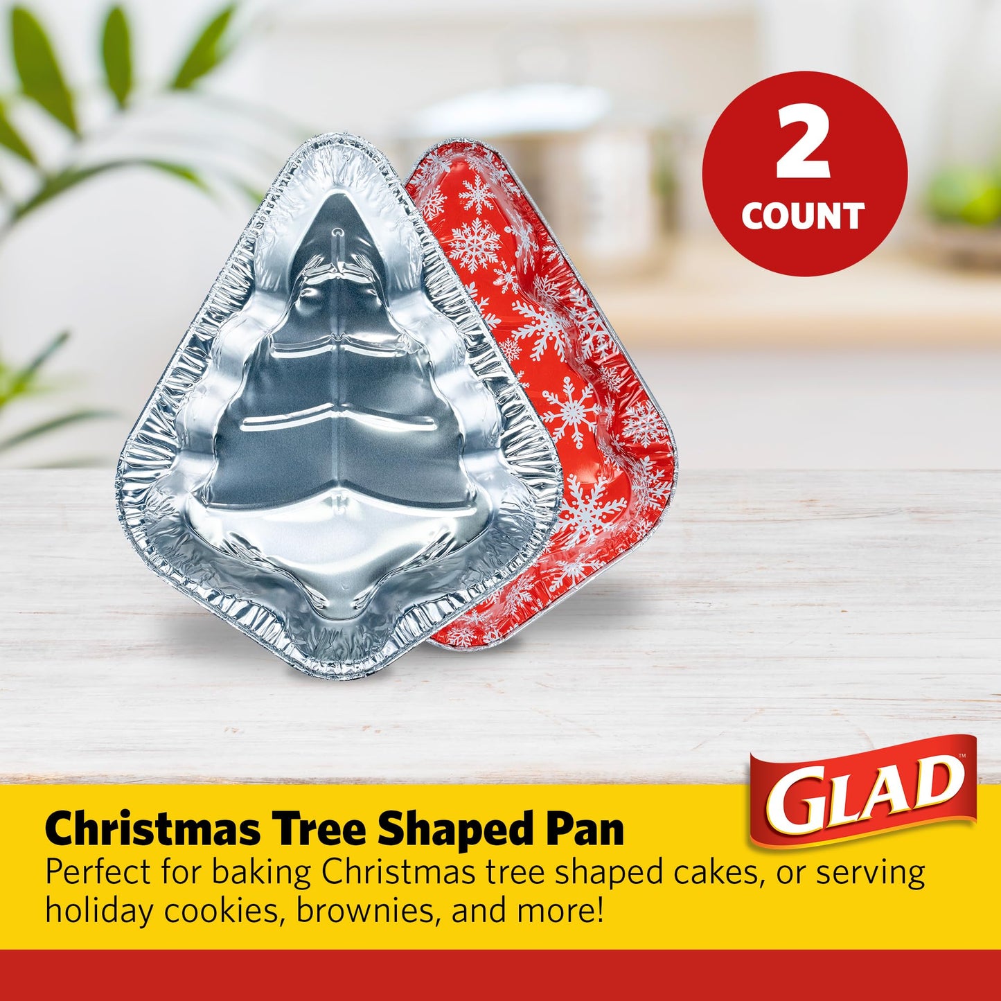 Glad Holiday Edition Christmas Tree Aluminum Bake Pans with Red and White Snowflake Pattern, Disposable Christmas Baking Pans, Christmas Tree Cake Pan, 2 Count