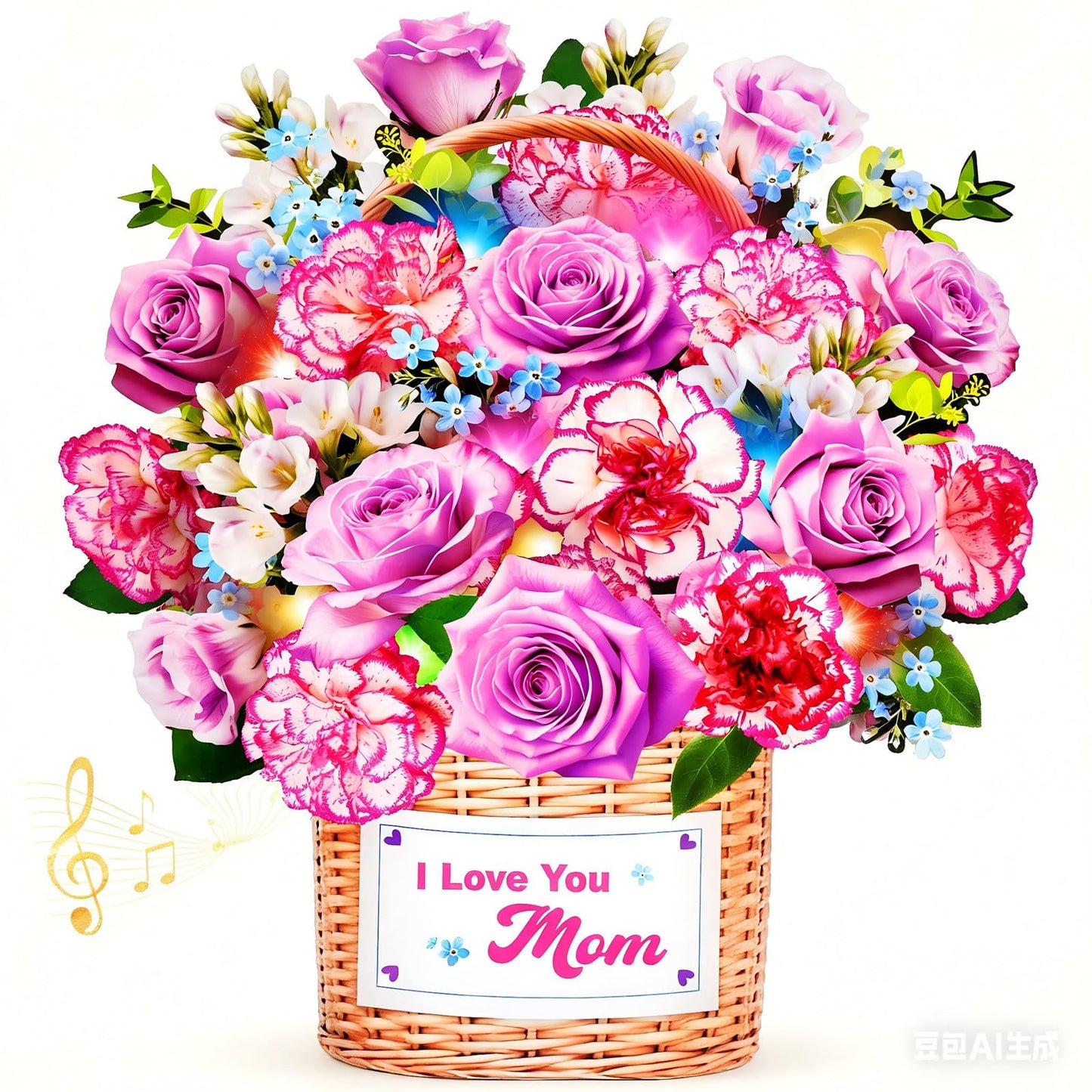 MZD8391 Mothers Day Card With Music & Lights, 3D Pop Up Mothers Day Gifts, Carnation & Rose, 10 Inch Life Sized Forever Flower Bouquet Birthday Card for Mom Wife Women Her