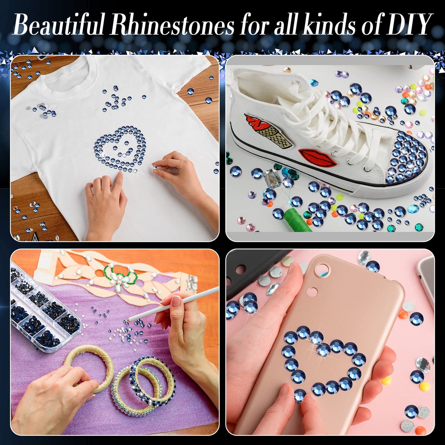 2000 Pieces Flat Back Gems Rhinestones 6 Sizes (1.5-6 Mm) Round Crystal Rhinestones with Pick up Tweezer and Rhinestones Picking Pen for Crafts Nail Clothes Shoes Bags DIY Art (Navy Blue)