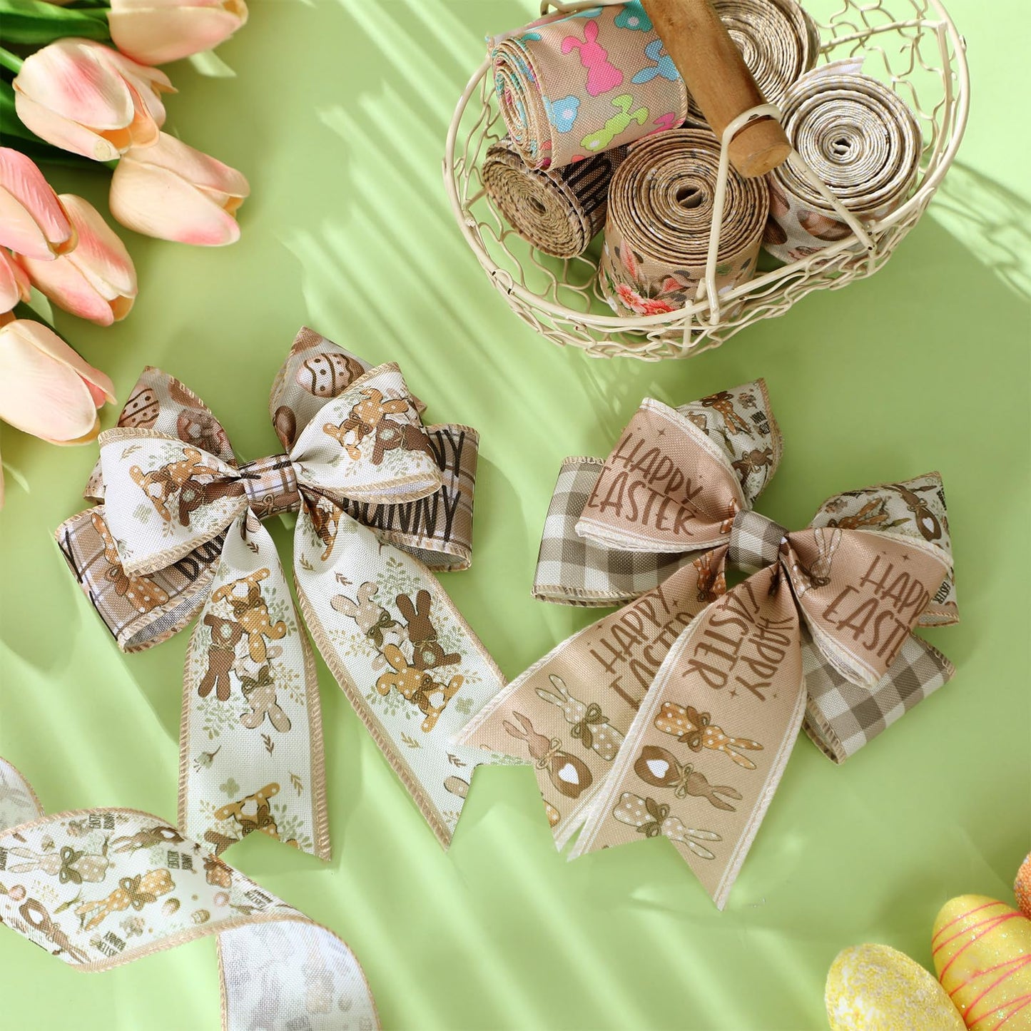 12 Rolls Easter Bunny Wired Edge Ribbon for Wreaths 2 Inch x 60 Yards Happy Easter Floral Bunny Print Grosgrain Ribbon for Bow Gift Bow Crafts Party Supplies 12 Styles