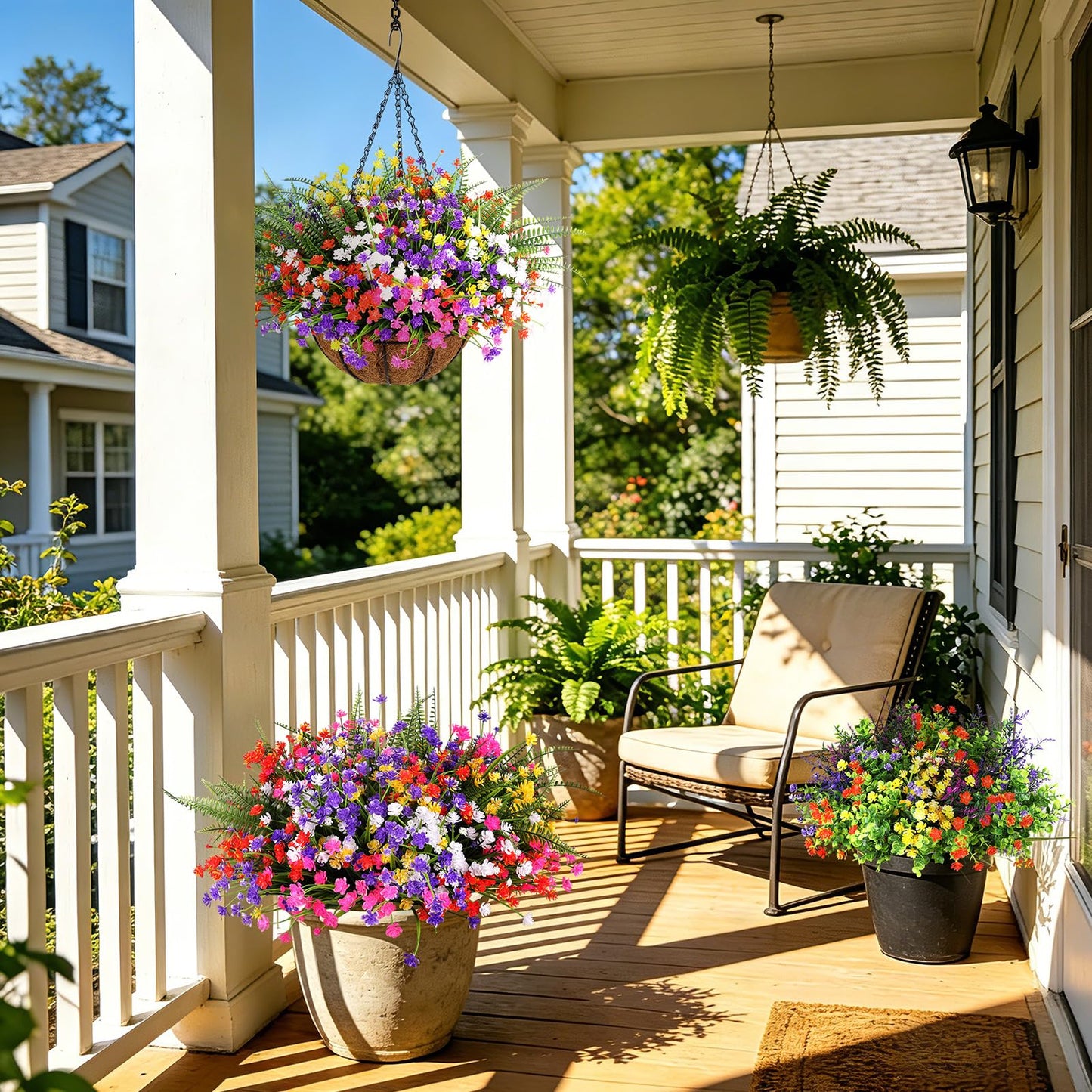 AmberFun 24 Bundles Artificial Outdoor Flowers, UV Resistant Faux Flowers for Outdoor Planters, Plastic Fake Plants for Front Porch Patio Garden Hanging Basket