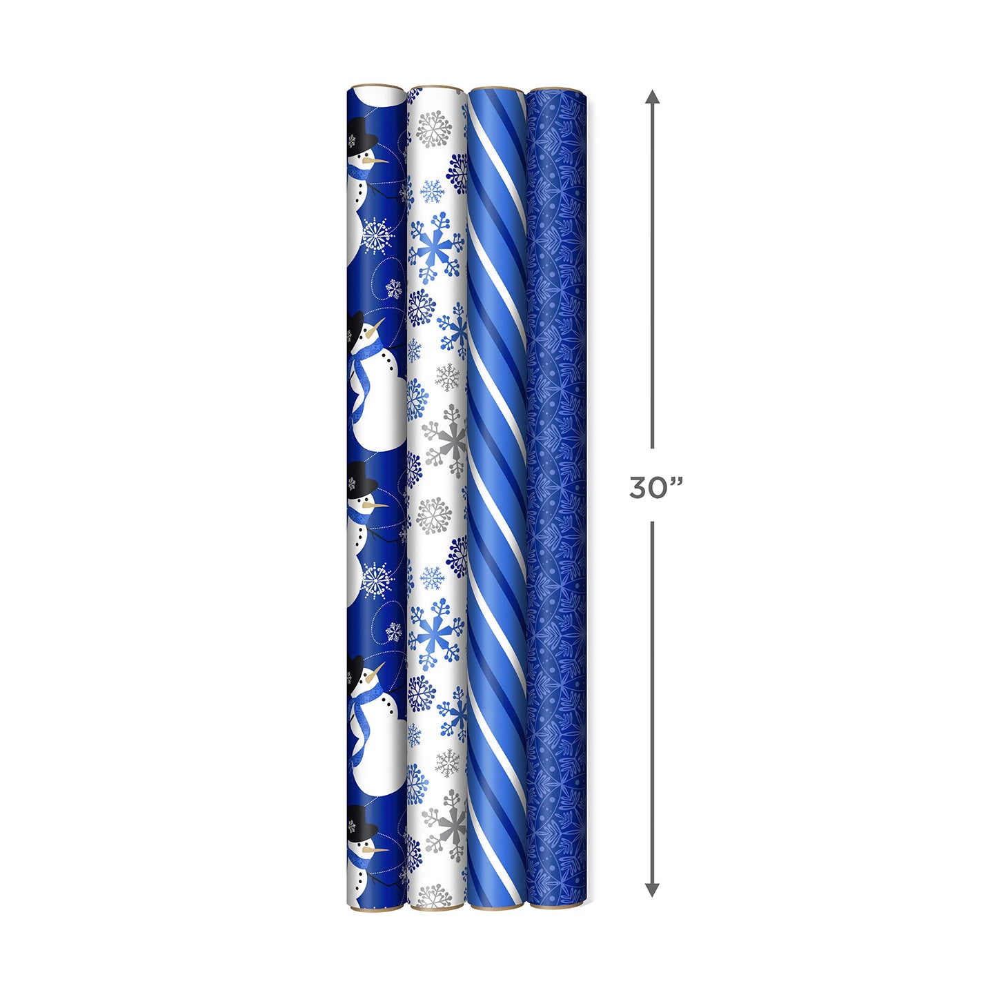 Arts Blue Christmas Wrapping Paper with Cut Lines on Reverse (4 Rolls: 120 sq. ft. ttl) Snowmen, Snowflakes, Blue and White Stripes
