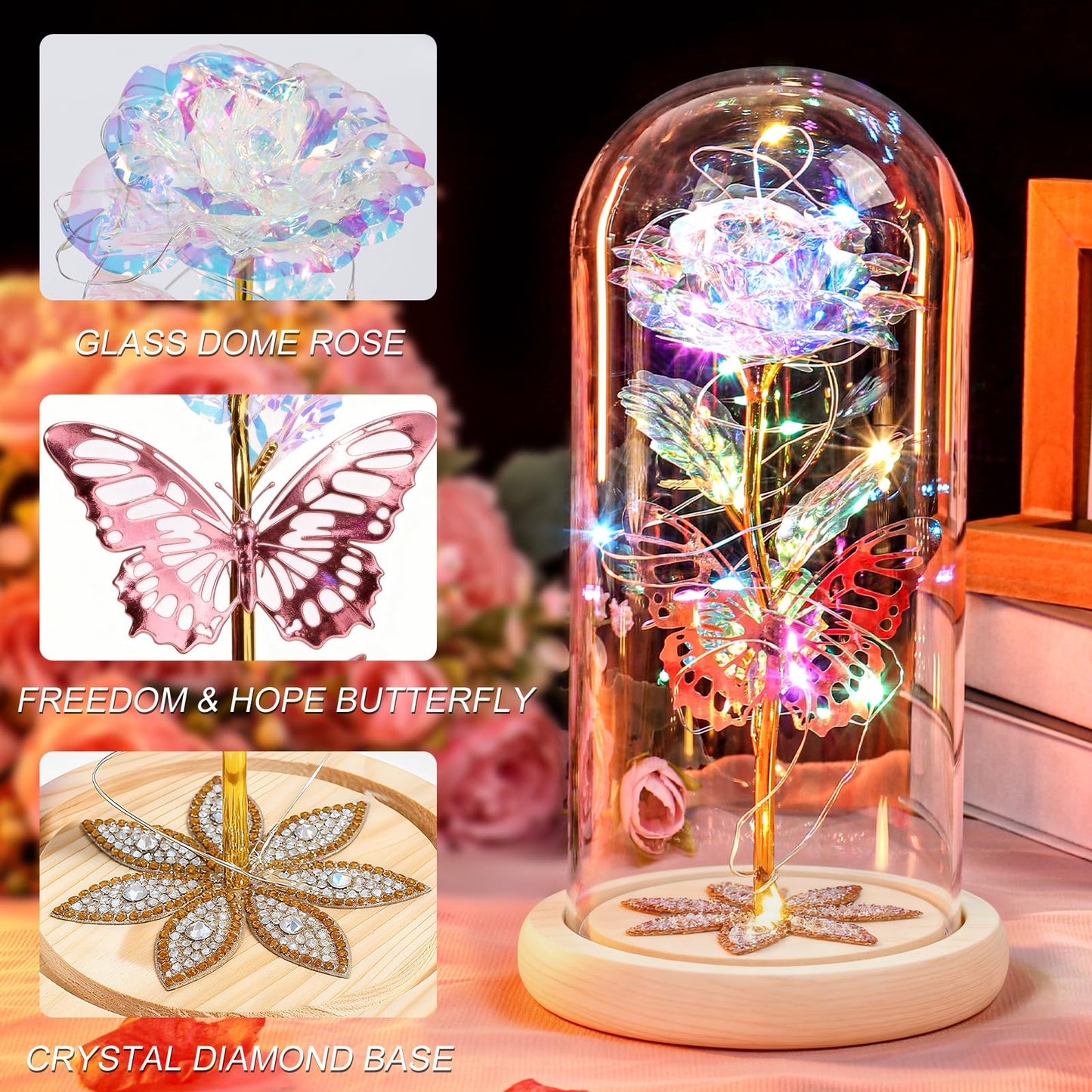Beferr Mothers Day Rose Gifts for Mom Galaxy Glass Roses Preserved Forever Flowers for Delivery Light Up Rose in Glass Dome Anniversary Birthday Gifts for Women Grandma Wife Her Daughter Girlfriend