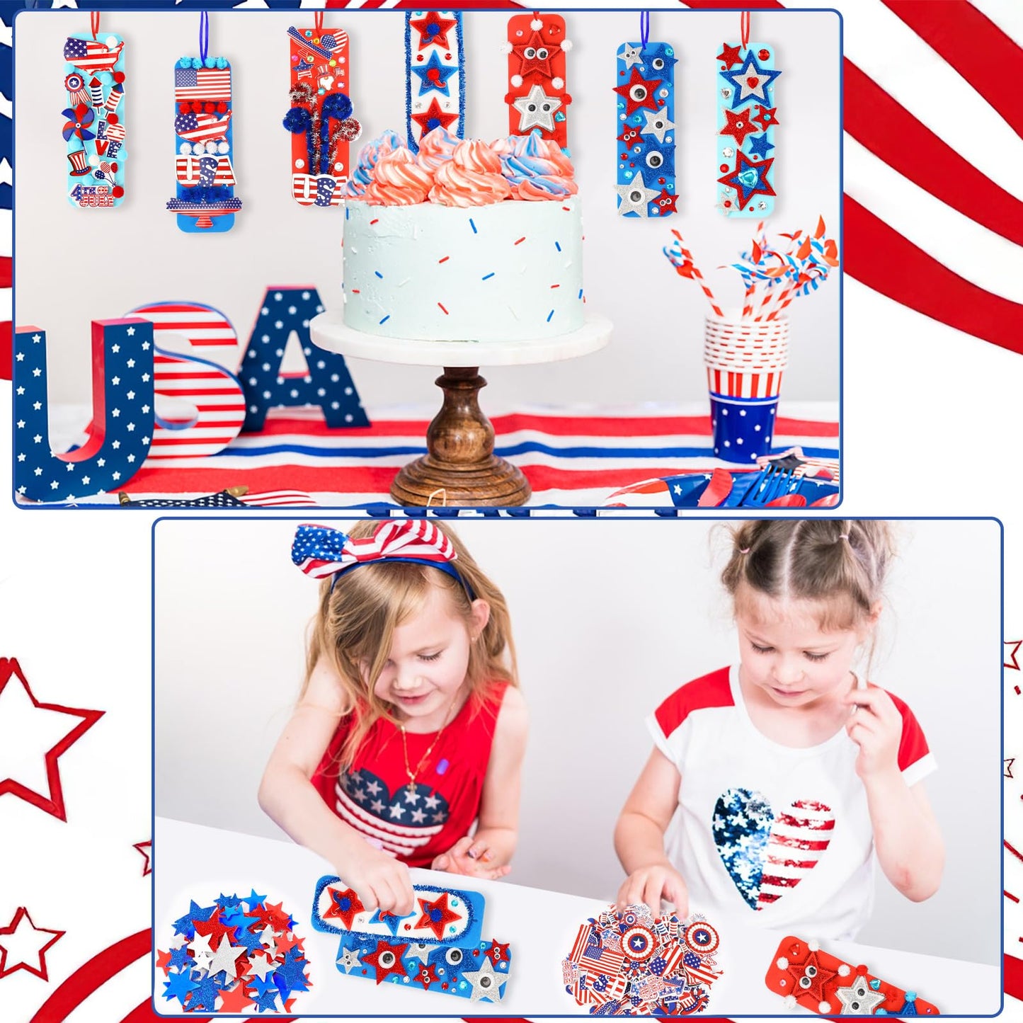 JULBEAR 36 Sets 4th of July Crafts Kits DIY Blank Foam Bookmarks Decorations Sets Patriotic Star Foam Self-Adhesive Stickers Arts for Kids Independence Day Party Favors Gift Exchange