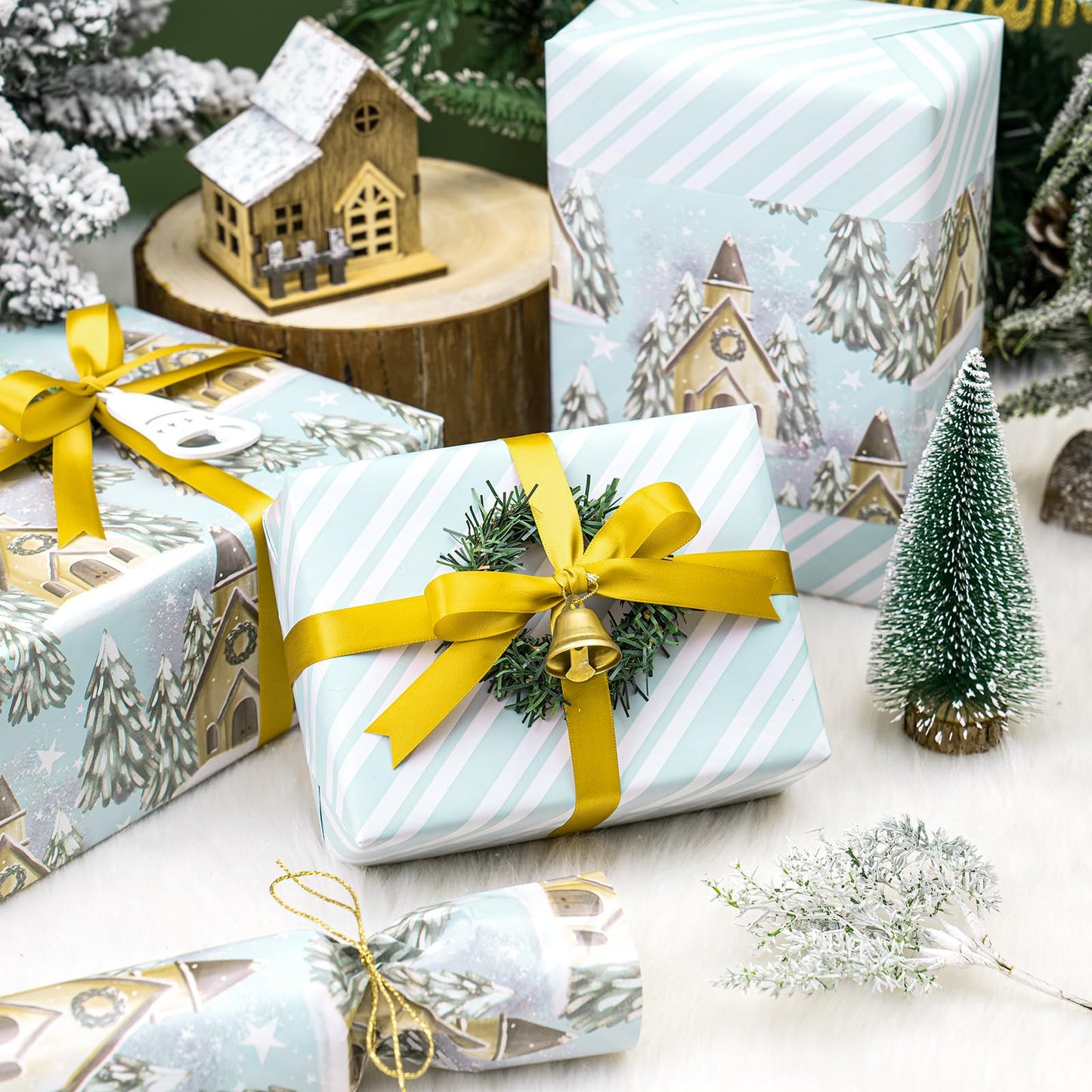 Reversible Christmas Wrapping Paper - Mini Roll - 17 Inch X 33 Feet - Silver and White Christmas Tree and House Printed on Pearlized Paper for Holidays